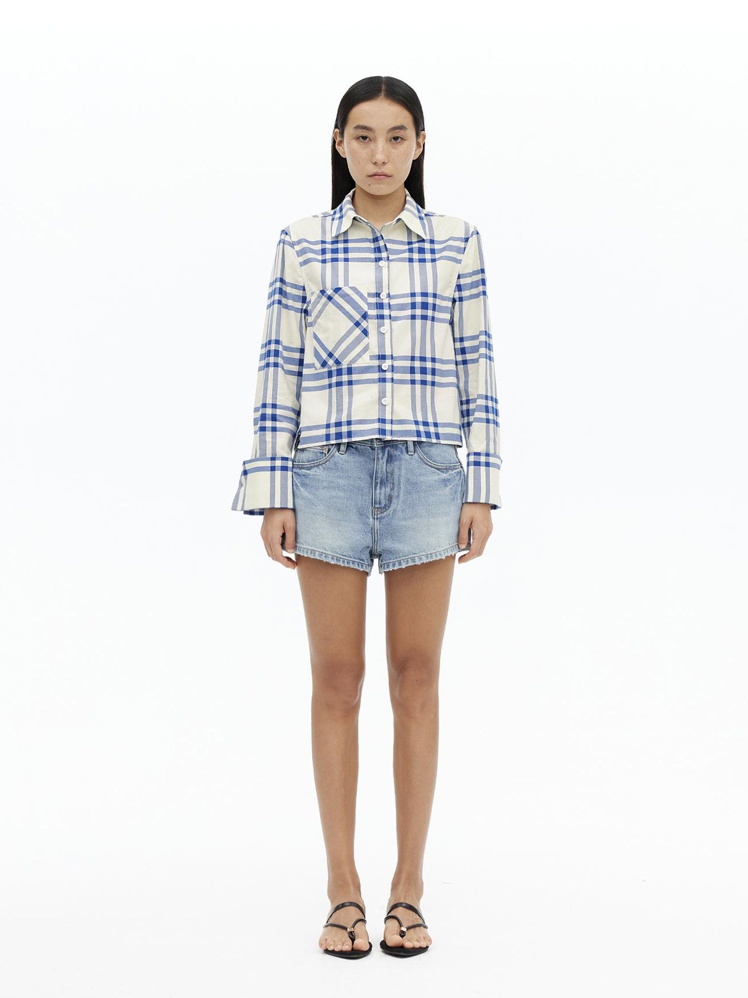 AFTADAWN Classic Blue And White Check Oversized Long Sleeve Shirt