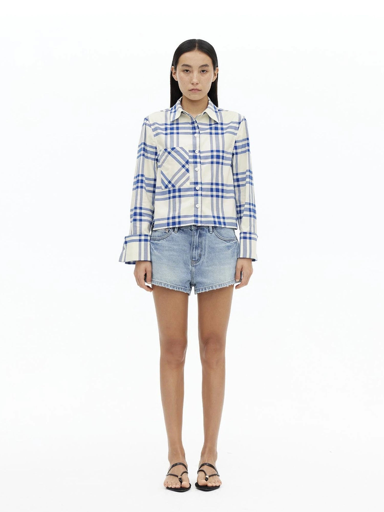 Classic Blue And White Check Oversized Long Sleeve Shirt