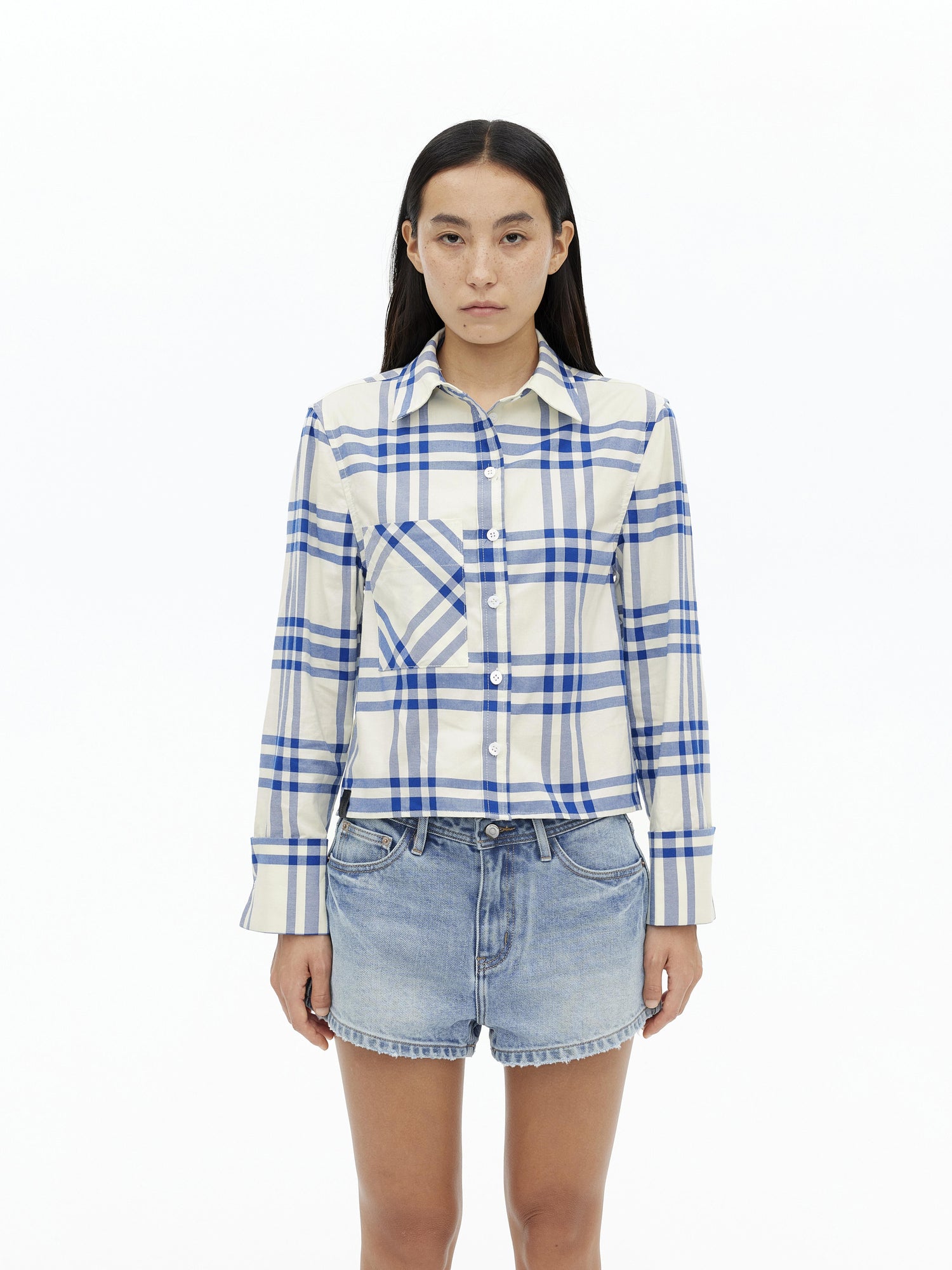 AFTADAWN Classic Blue And White Check Oversized Long Sleeve Shirt