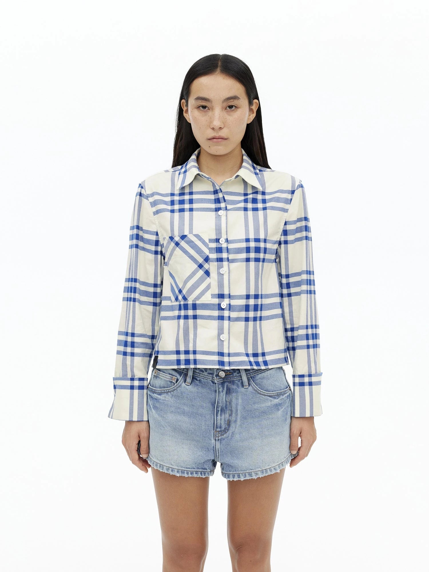 Classic Blue And White Check Oversized Long Sleeve Shirt