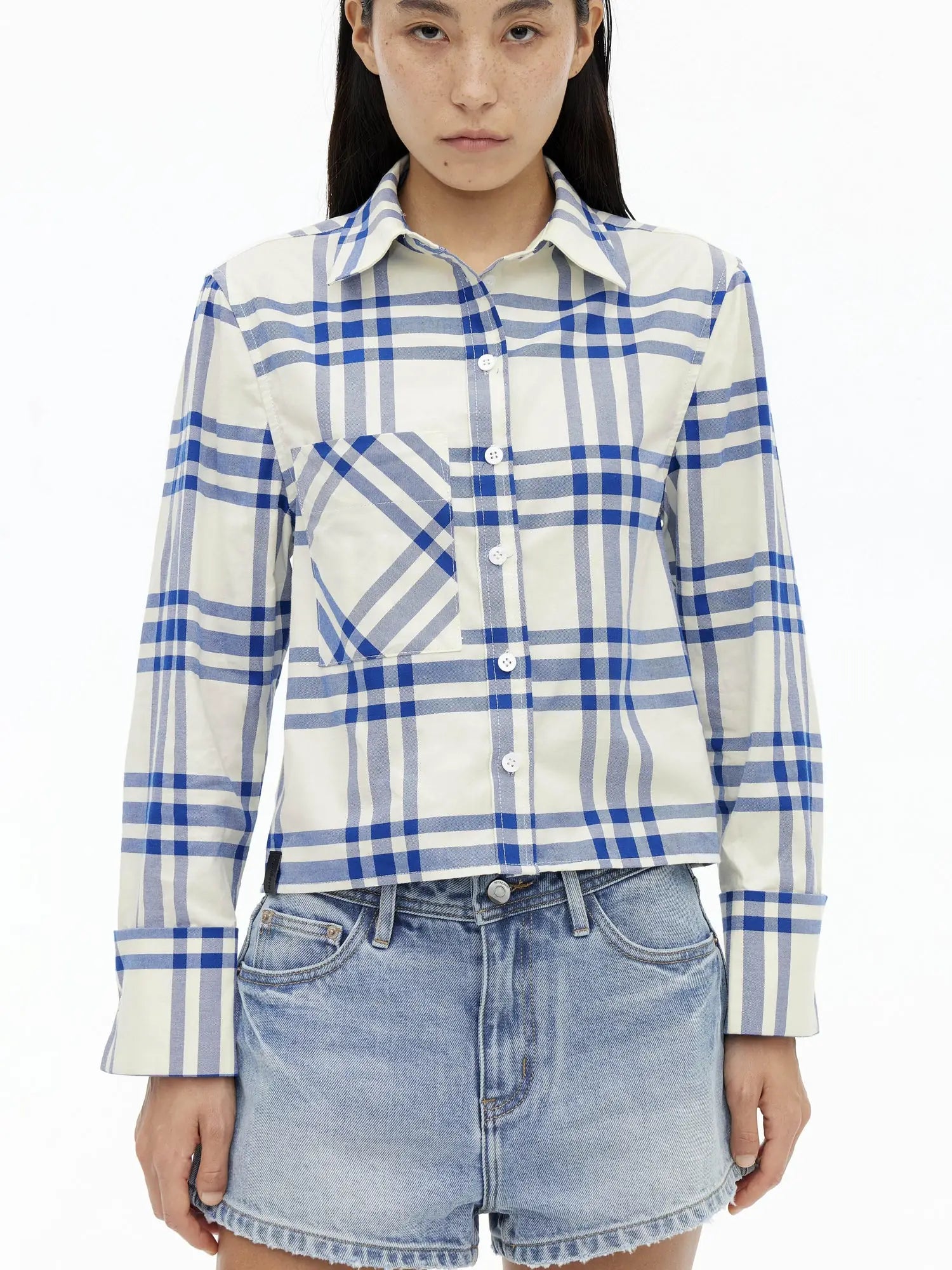 Classic Blue And White Check Oversized Long Sleeve Shirt