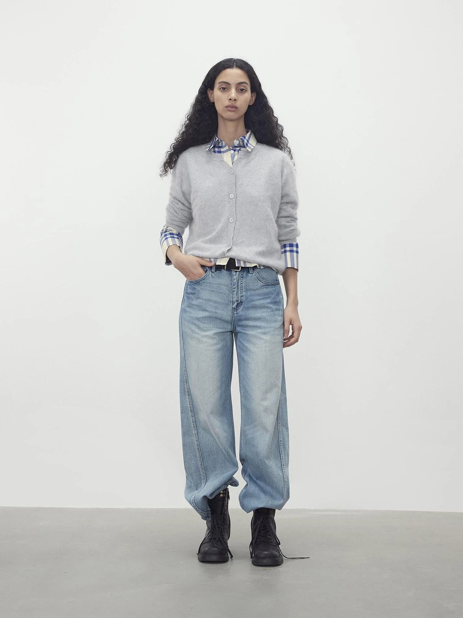 Classic Blue And White Check Oversized Long Sleeve Shirt