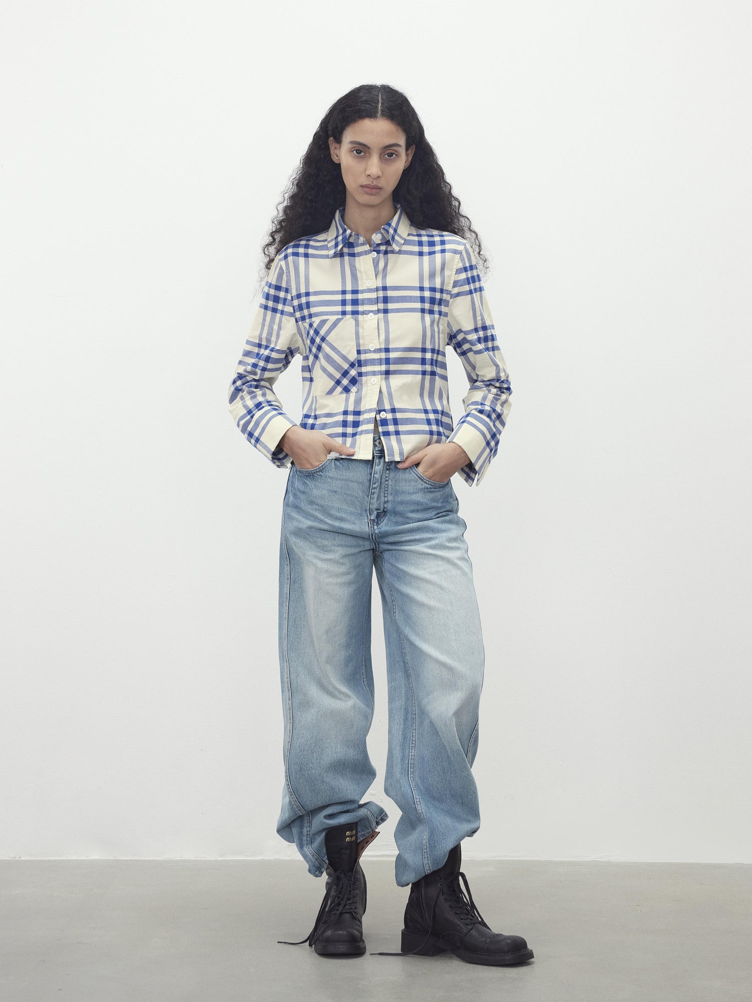 AFTADAWN Classic Blue And White Check Oversized Long Sleeve Shirt