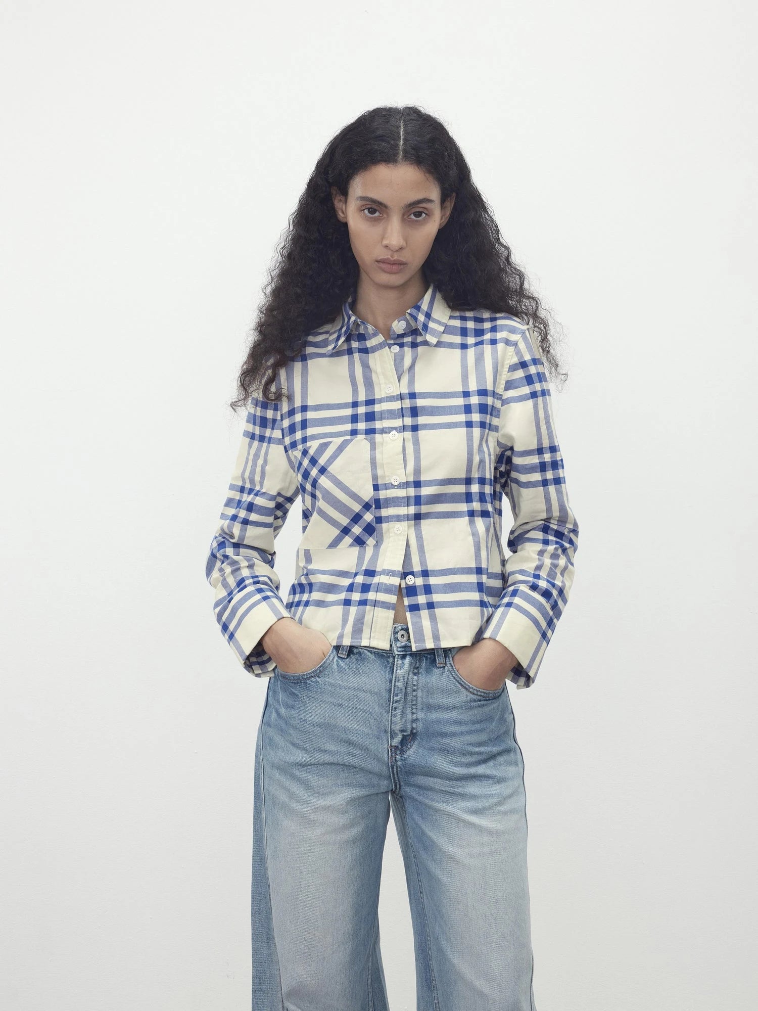 Classic Blue And White Check Oversized Long Sleeve Shirt