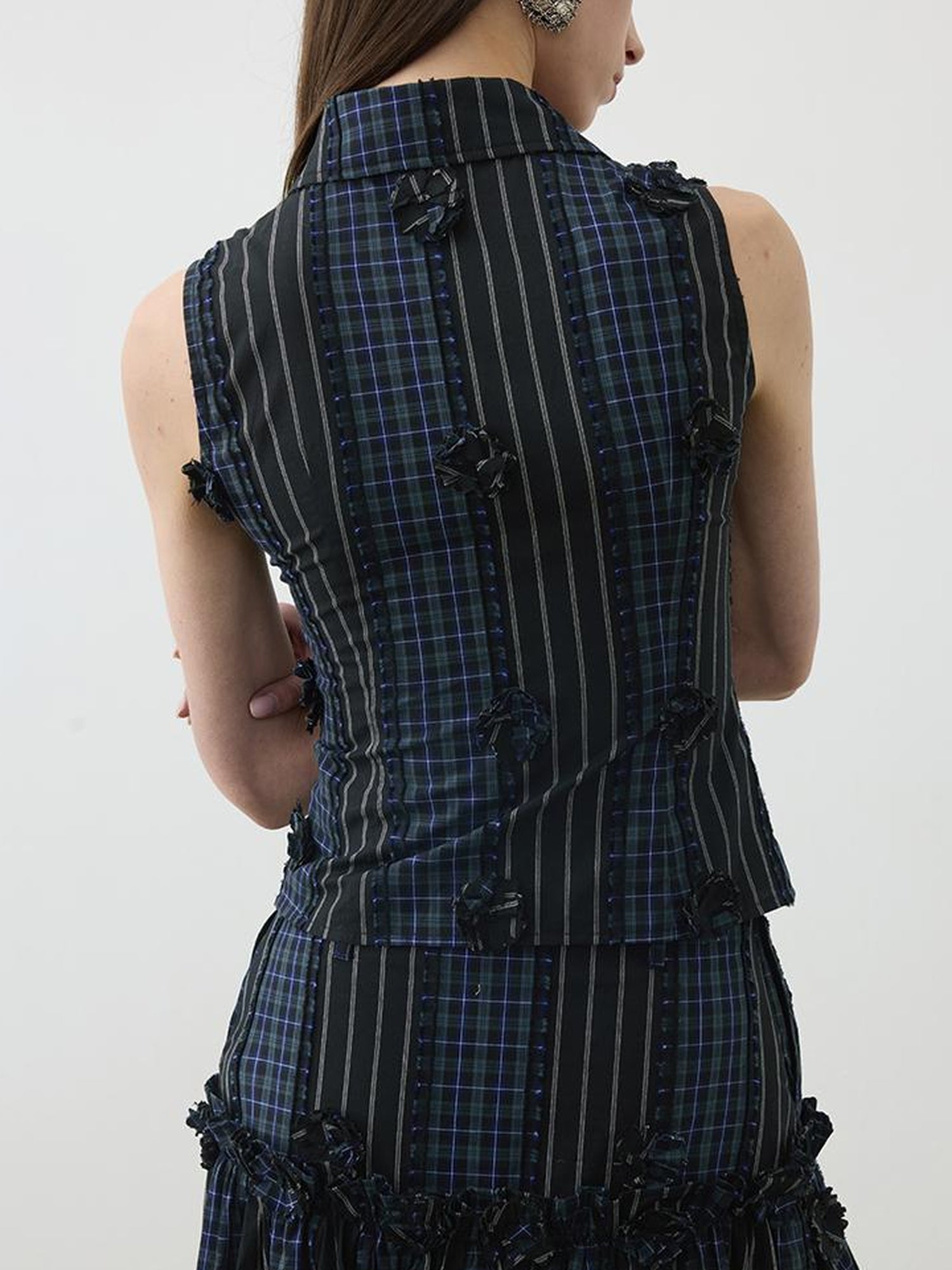 AFTADAWN Color Block Gingham Floral Applique Polo Shirt