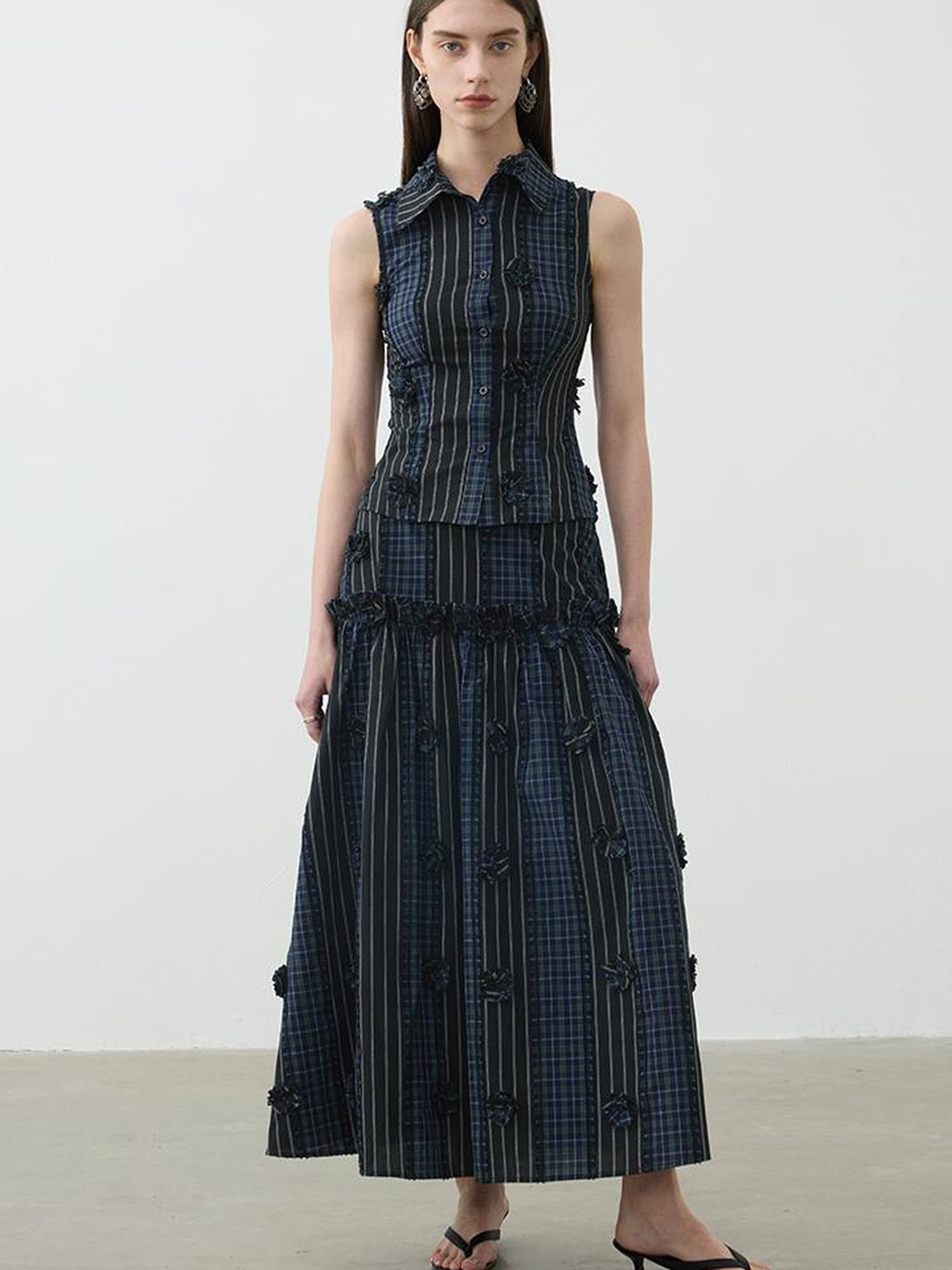 AFTADAWN Color Block Gingham Floral Applique Polo Shirt