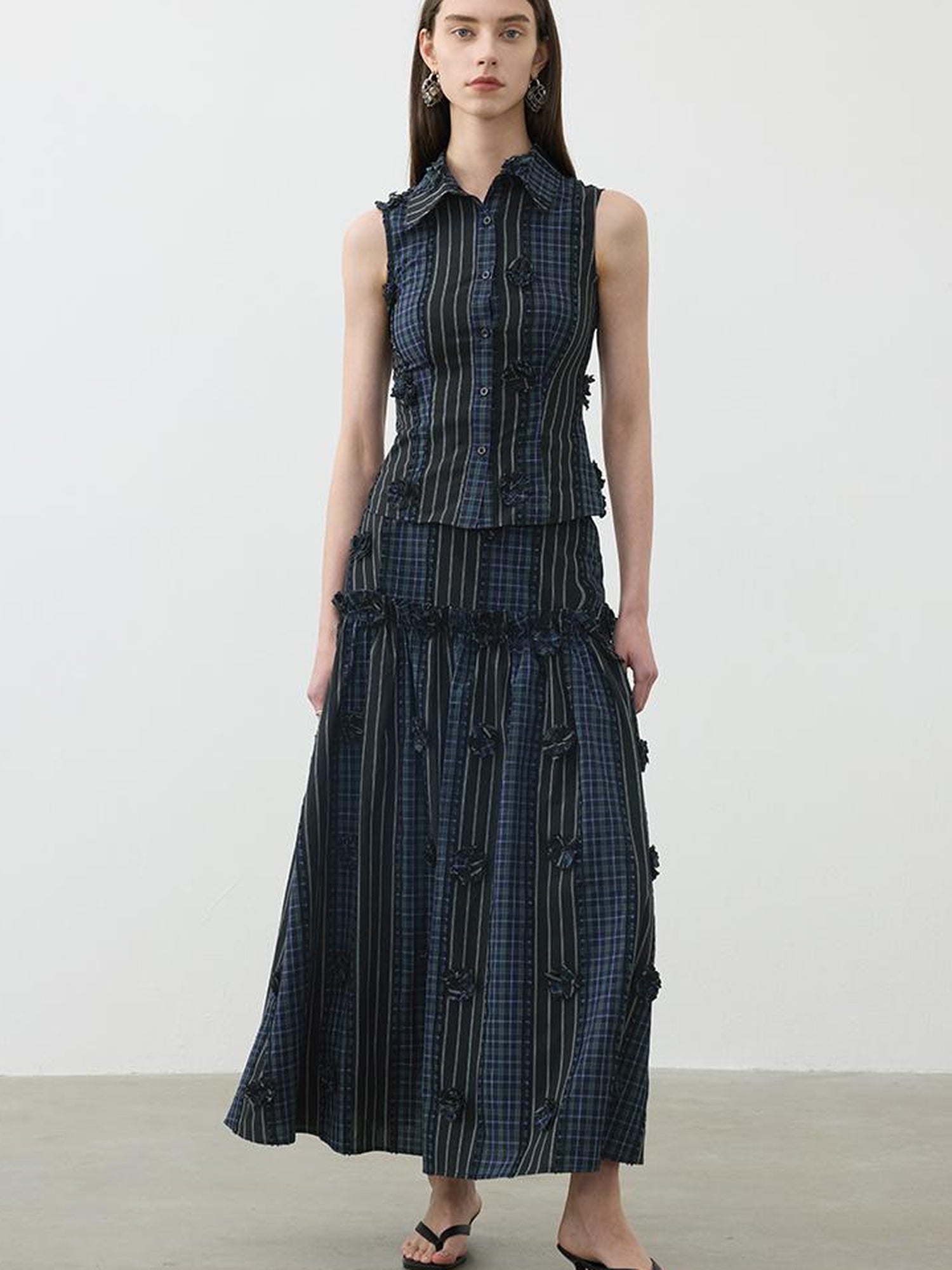 AFTADAWN Color Block Gingham Floral Applique Polo Shirt