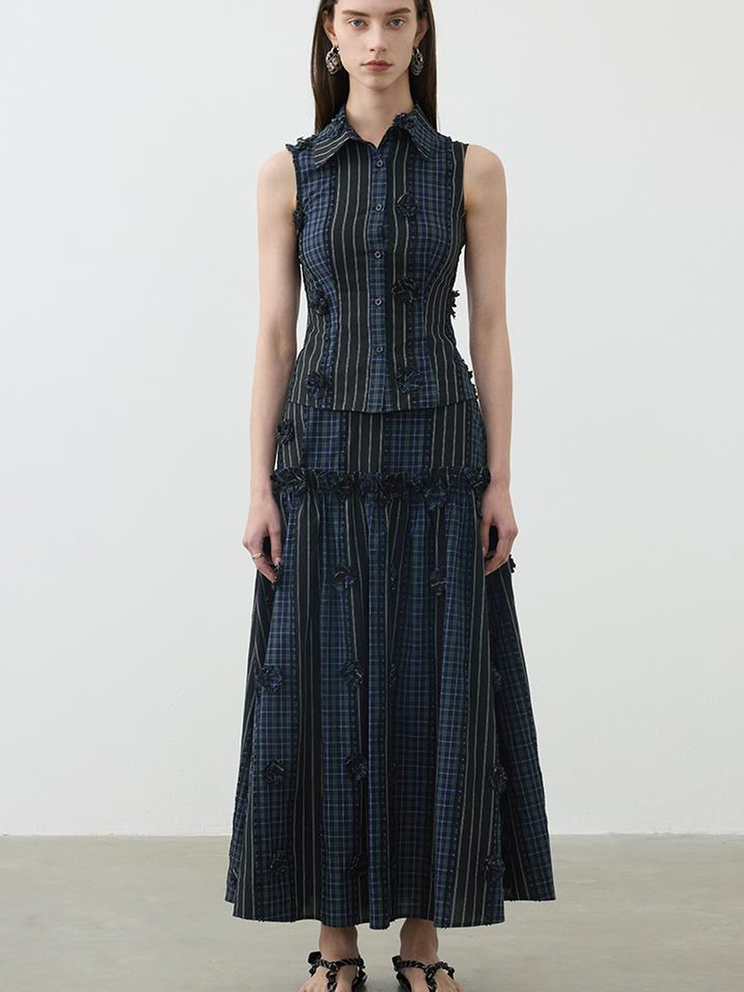 AFTADAWN Color Block Gingham Floral Applique Polo Shirt