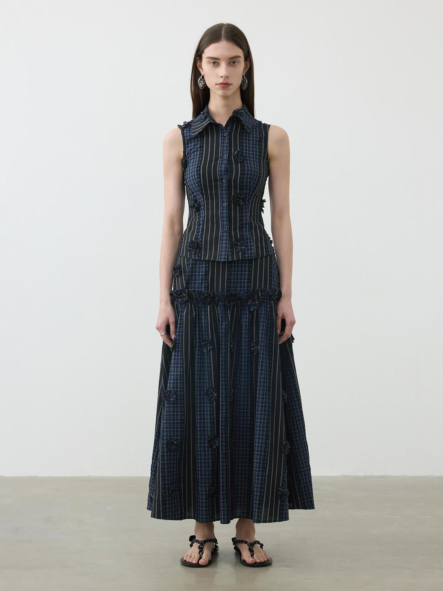 AFTADAWN Color Block Gingham Floral Applique Polo Shirt