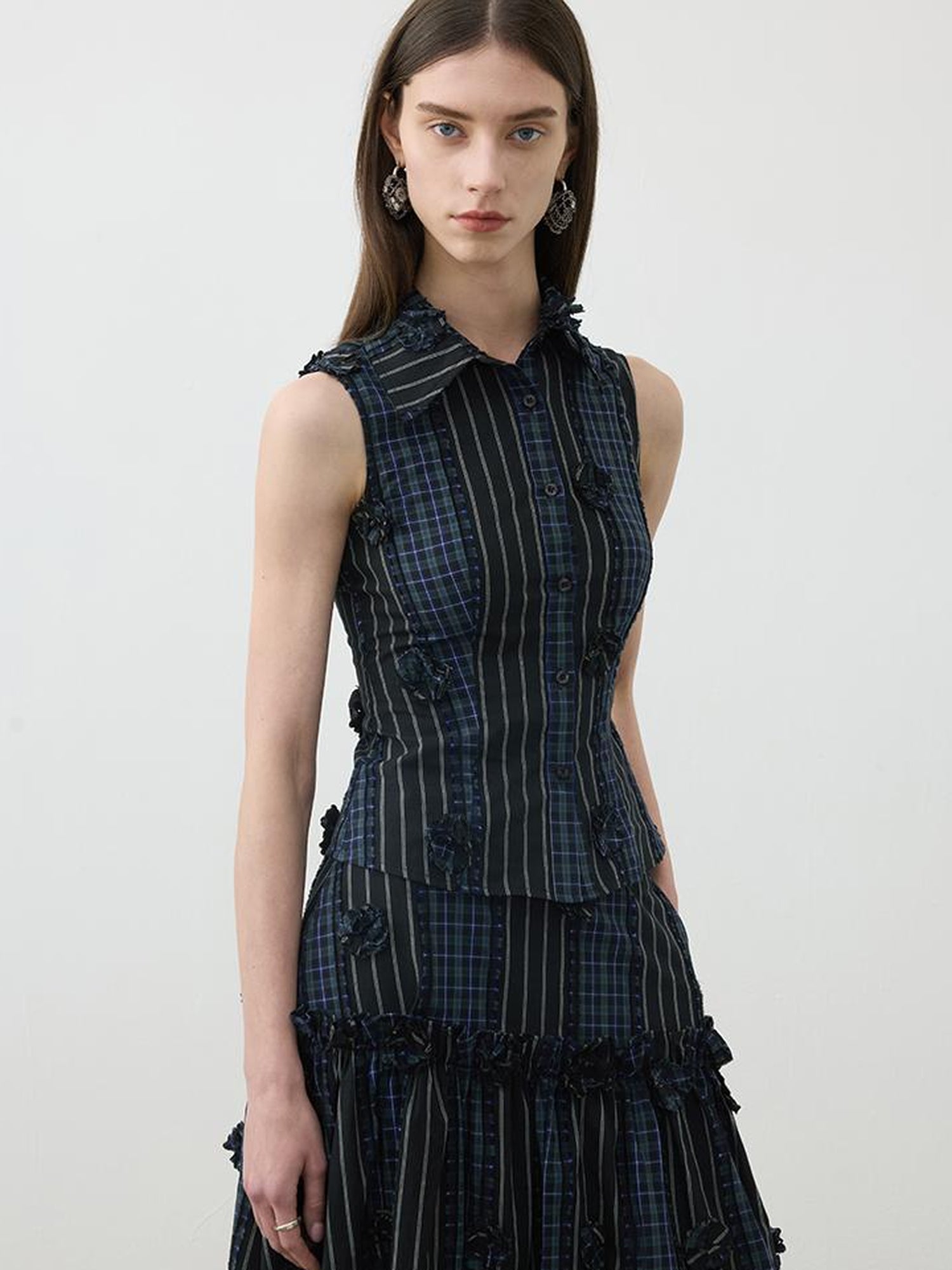 AFTADAWN Color Block Gingham Floral Applique Polo Shirt