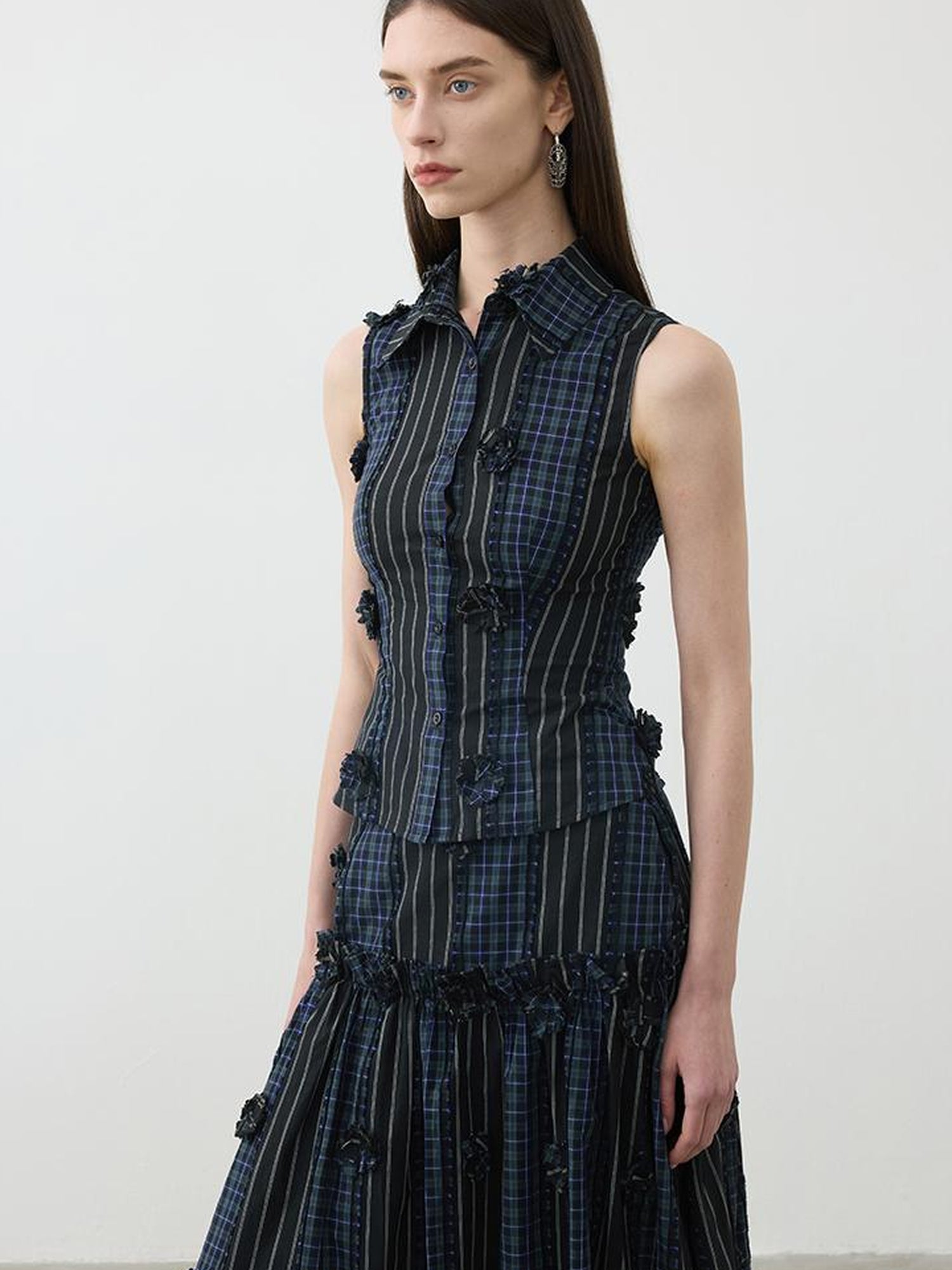 AFTADAWN Color Block Gingham Floral Applique Polo Shirt