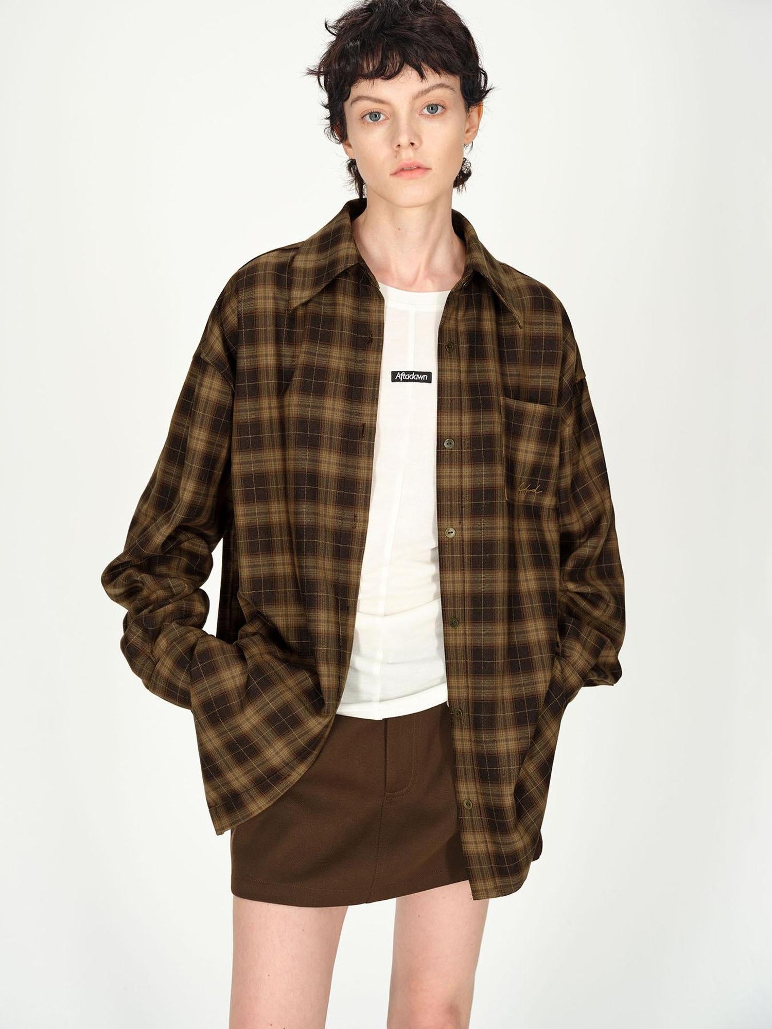 AFTADAWN Color Block Plaid Lapel Shirt