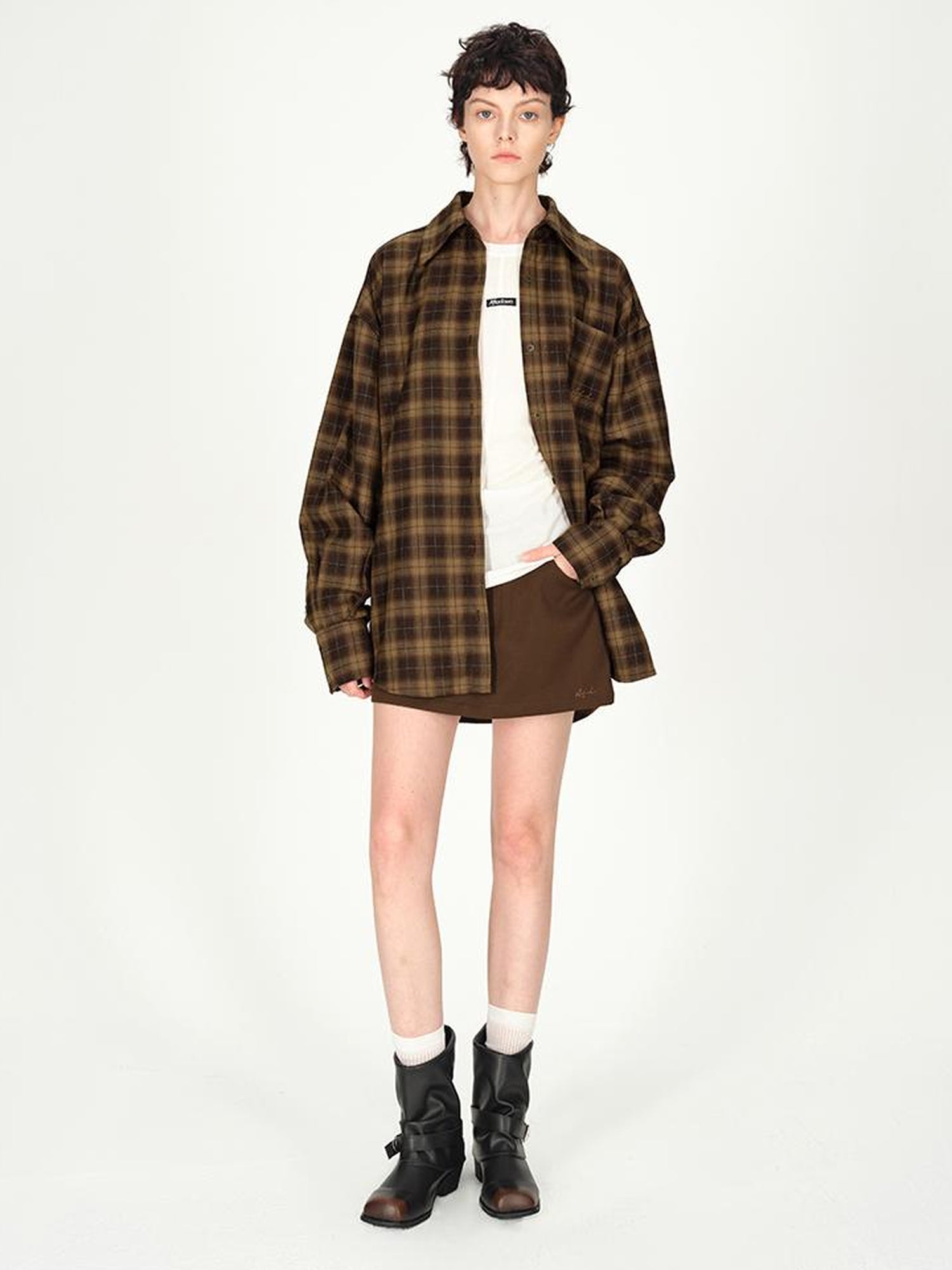 AFTADAWN Color Block Plaid Lapel Shirt