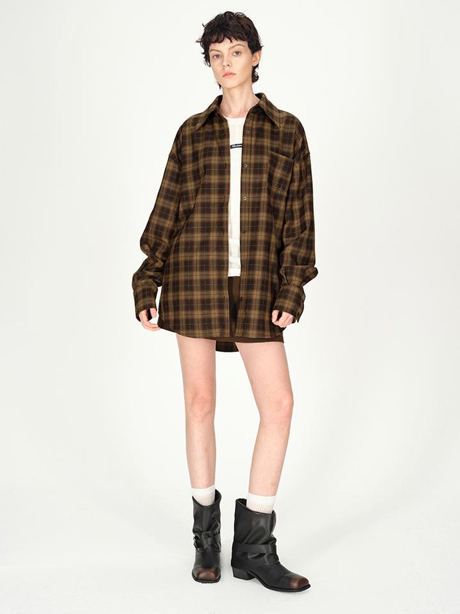 AFTADAWN Color Block Plaid Lapel Shirt