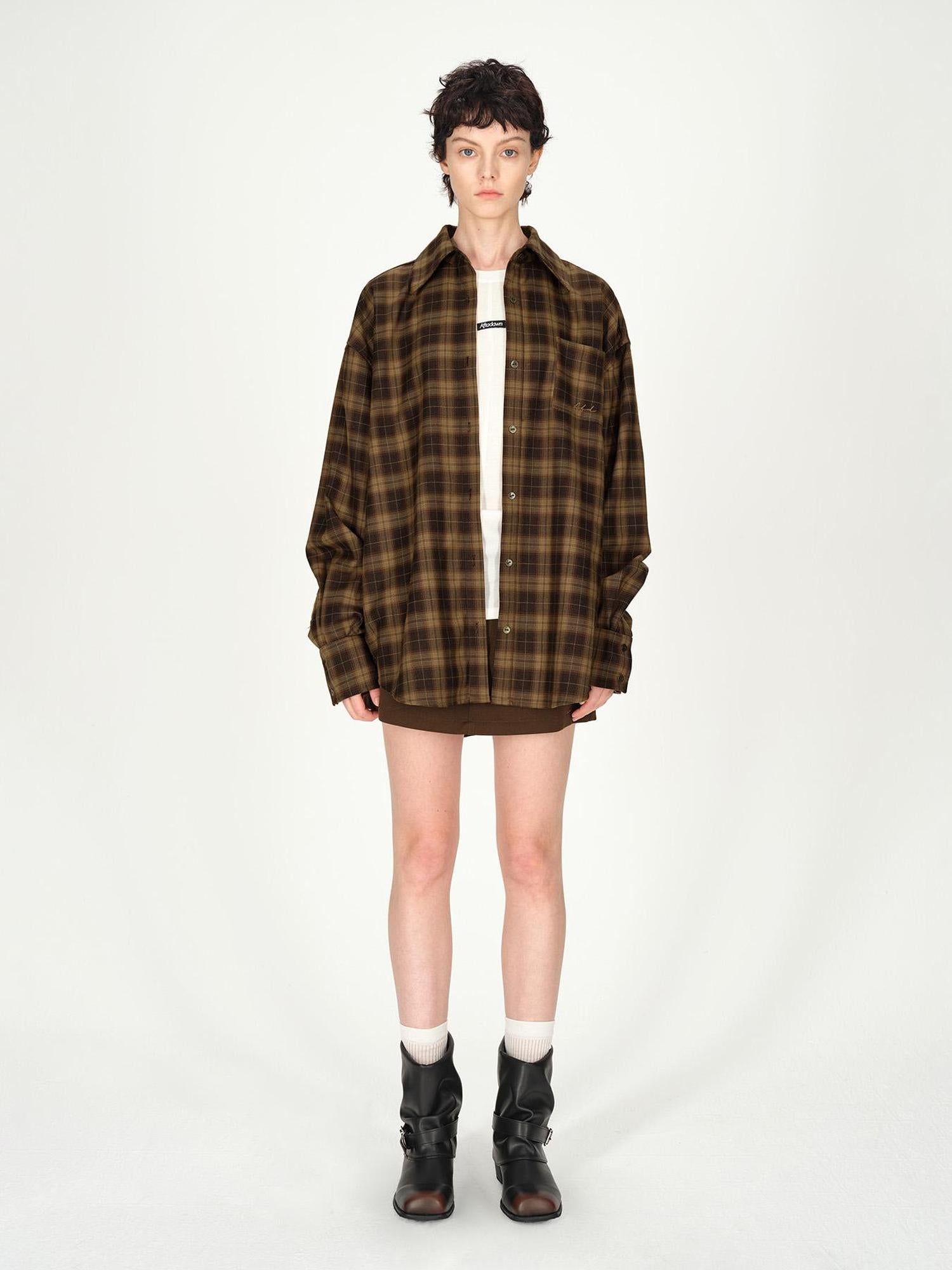 AFTADAWN Color Block Plaid Lapel Shirt