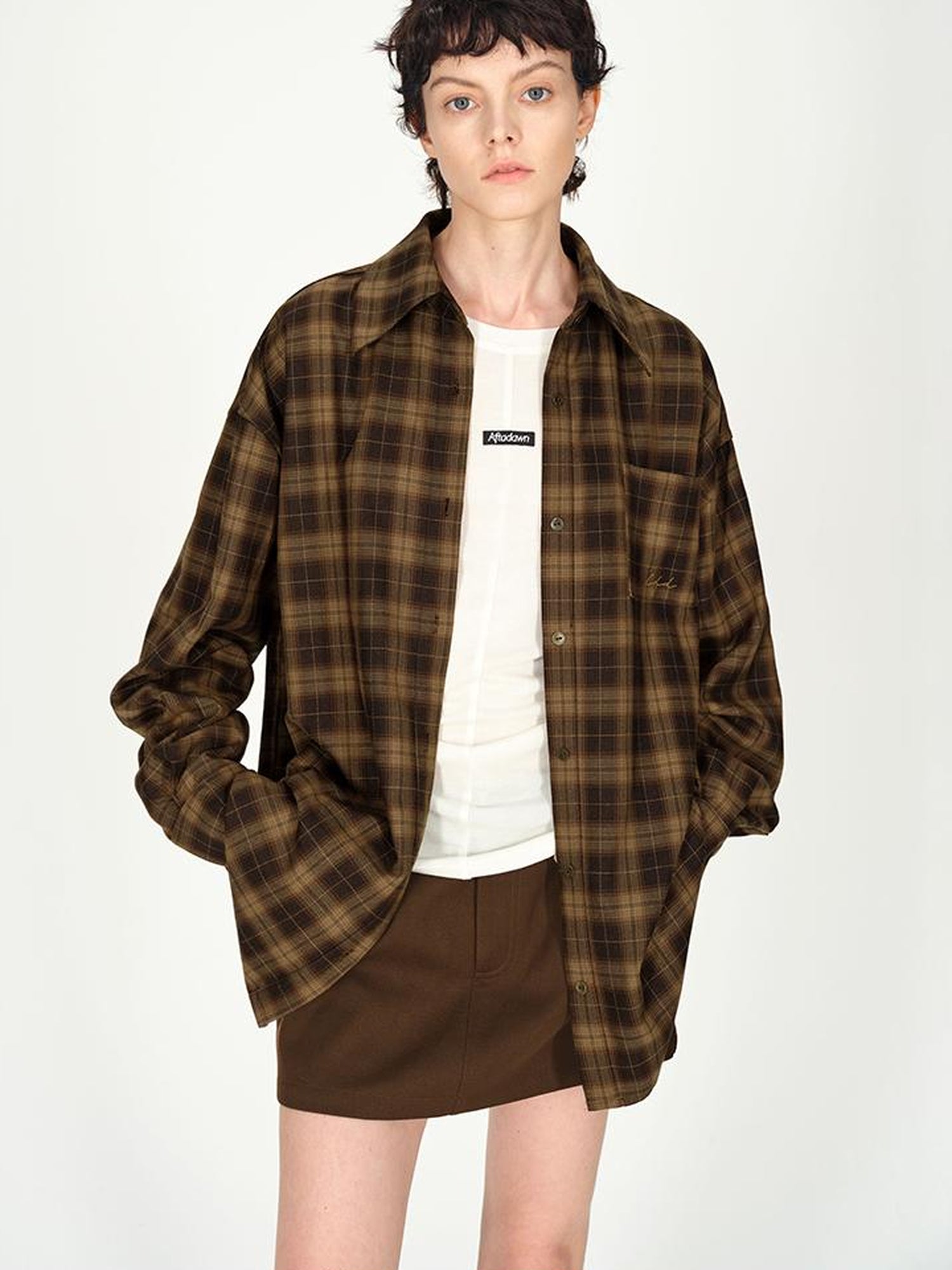 AFTADAWN Color Block Plaid Lapel Shirt