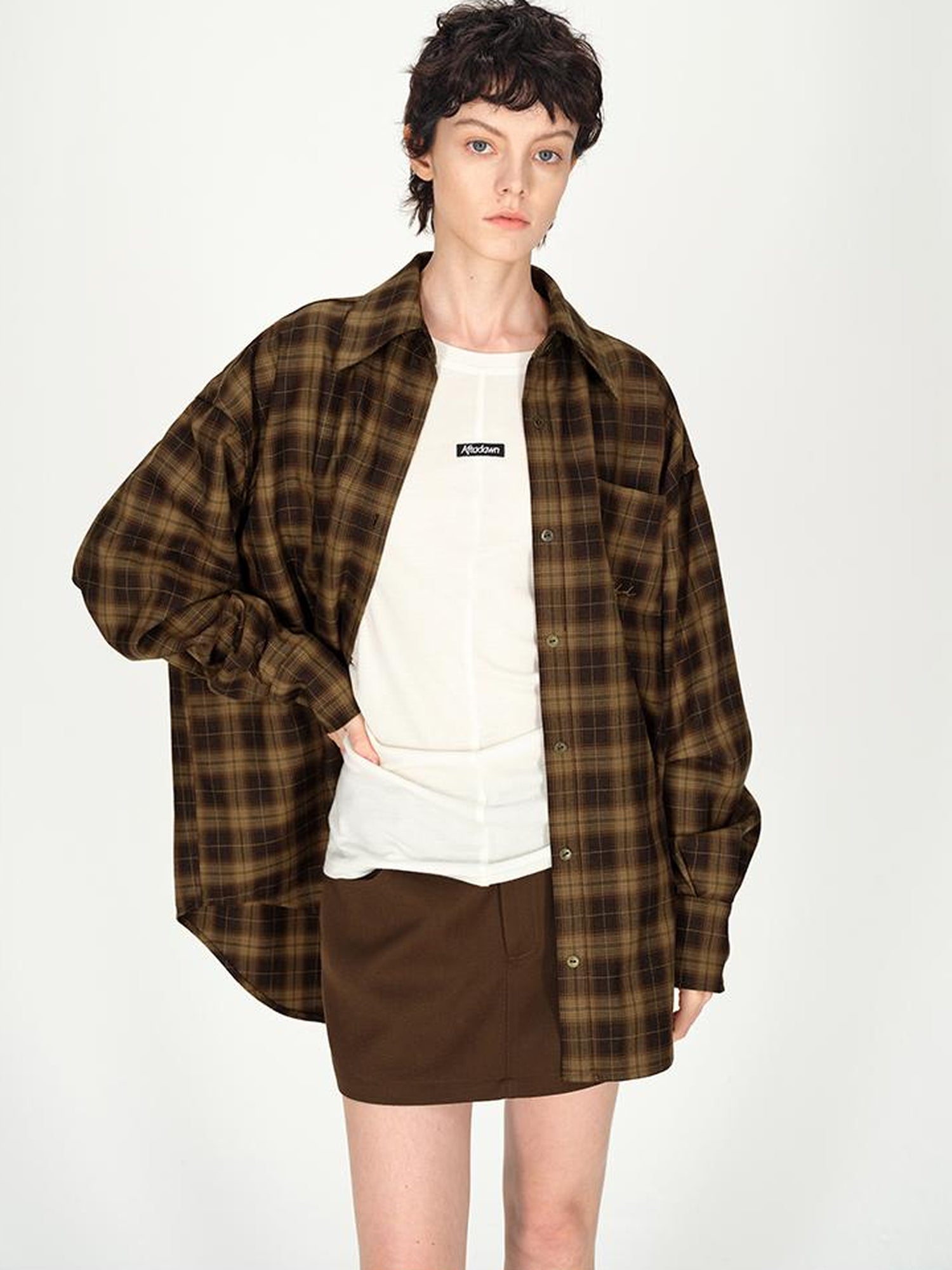 AFTADAWN Color Block Plaid Lapel Shirt