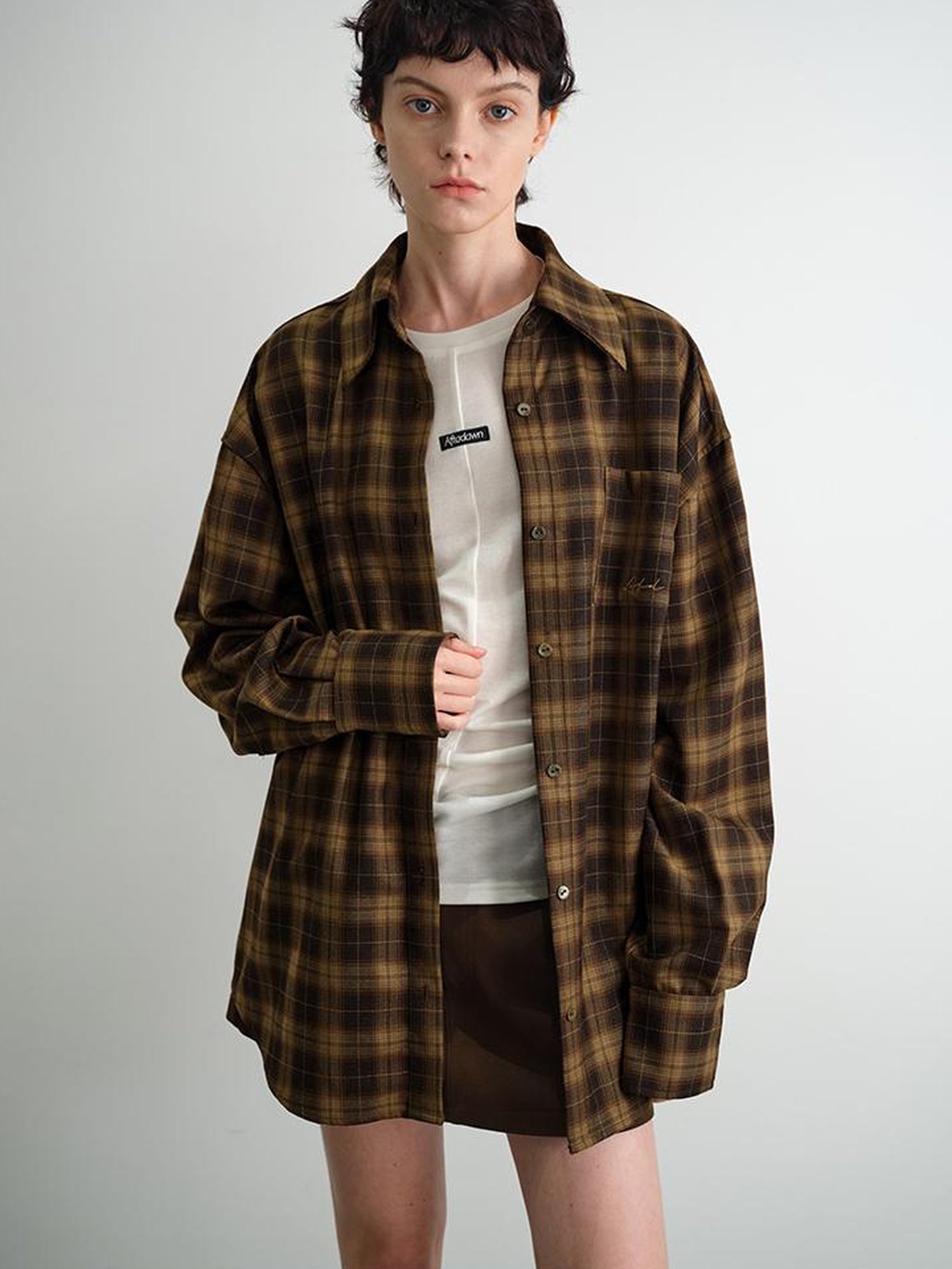 AFTADAWN Color Block Plaid Lapel Shirt