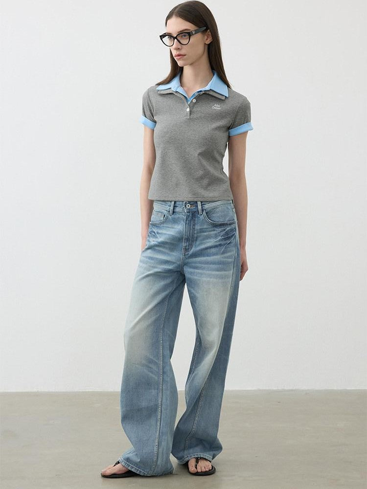 AFTADAWN Colorblock Double Collar Polo Henley Button Women&