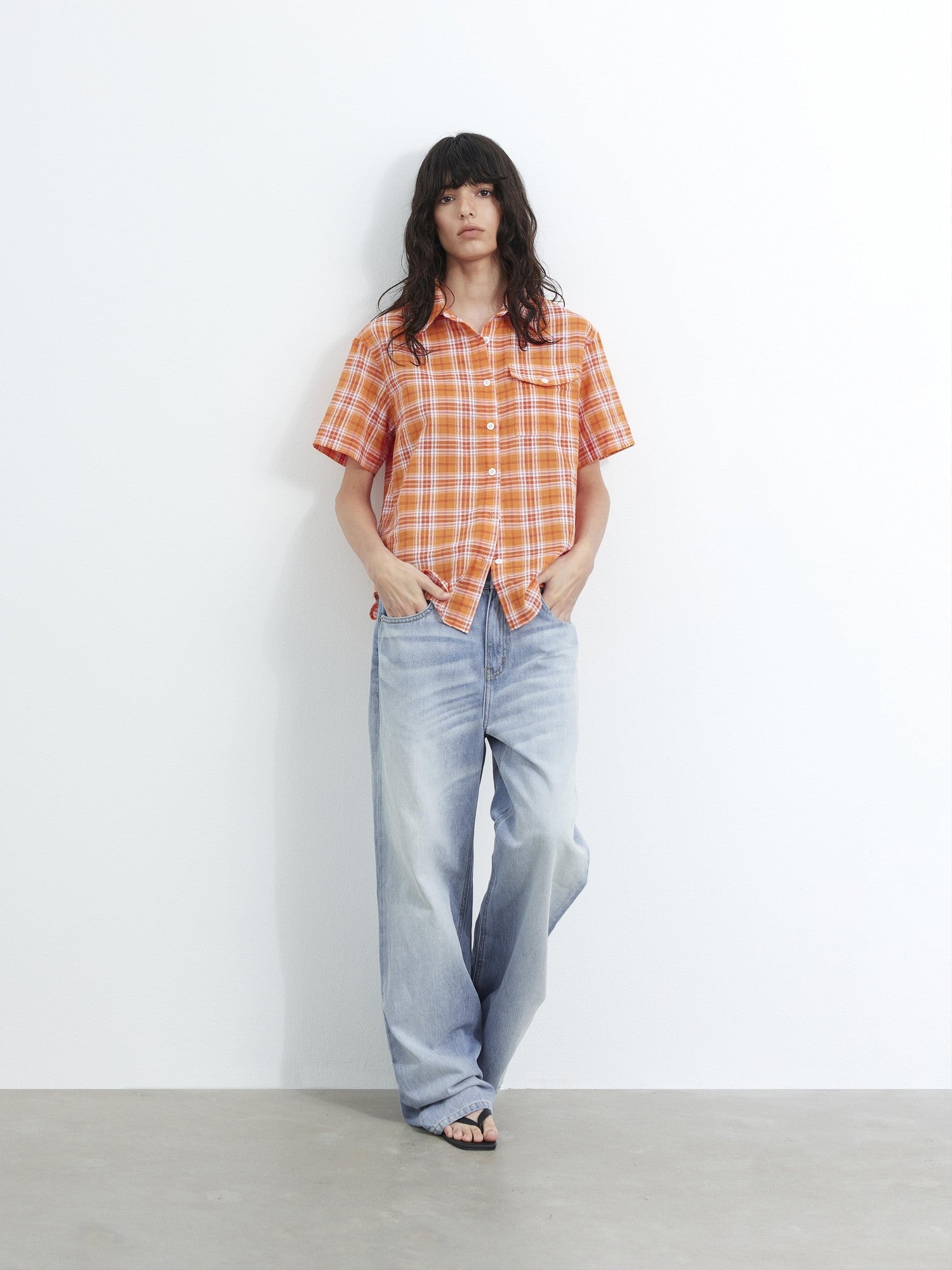AFTADAWN Colorblock Plaid Textured Polo Button Loose Short Sleeve Women&