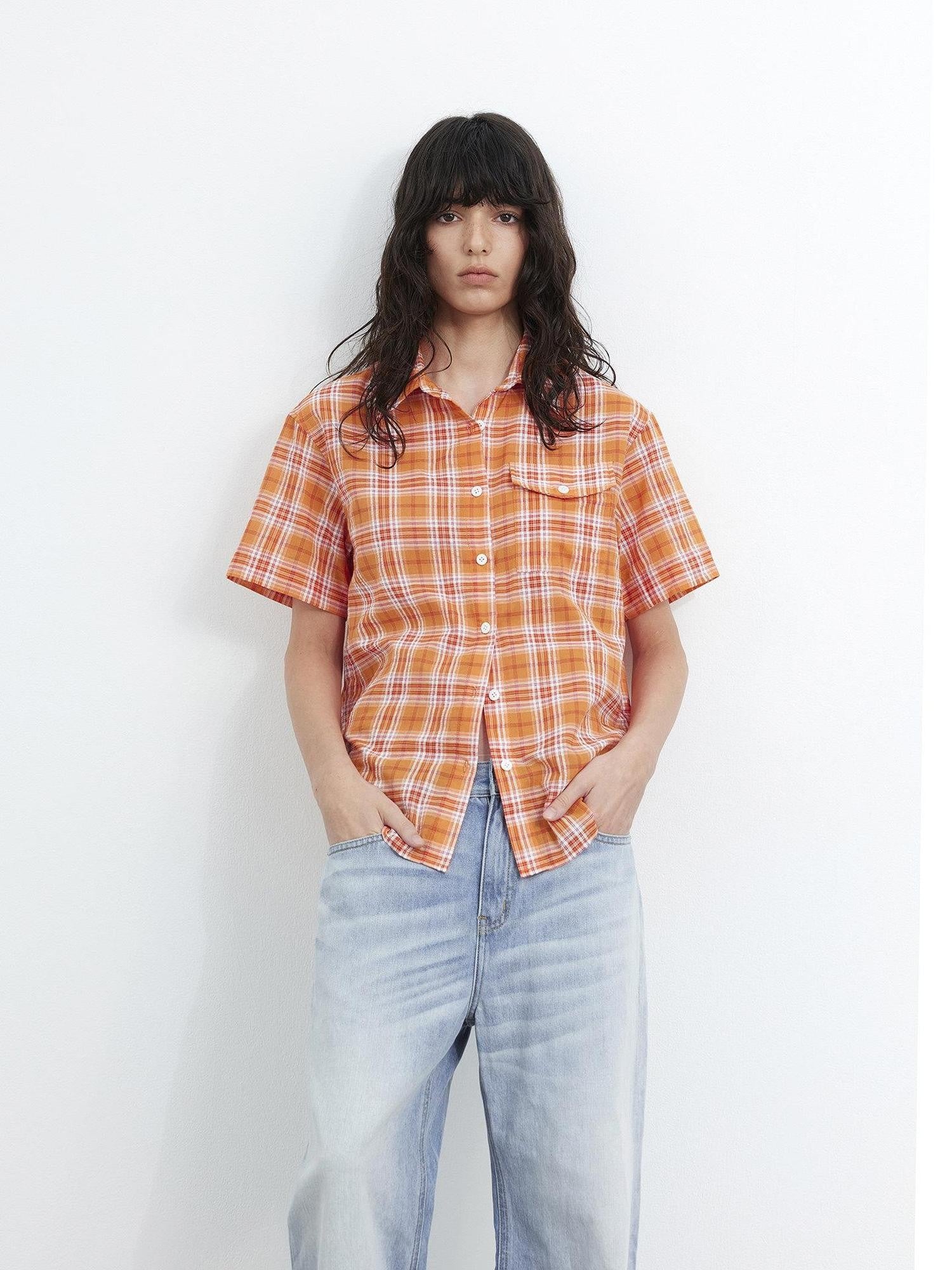 AFTADAWN Colorblock Plaid Textured Polo Button Loose Short Sleeve Women&