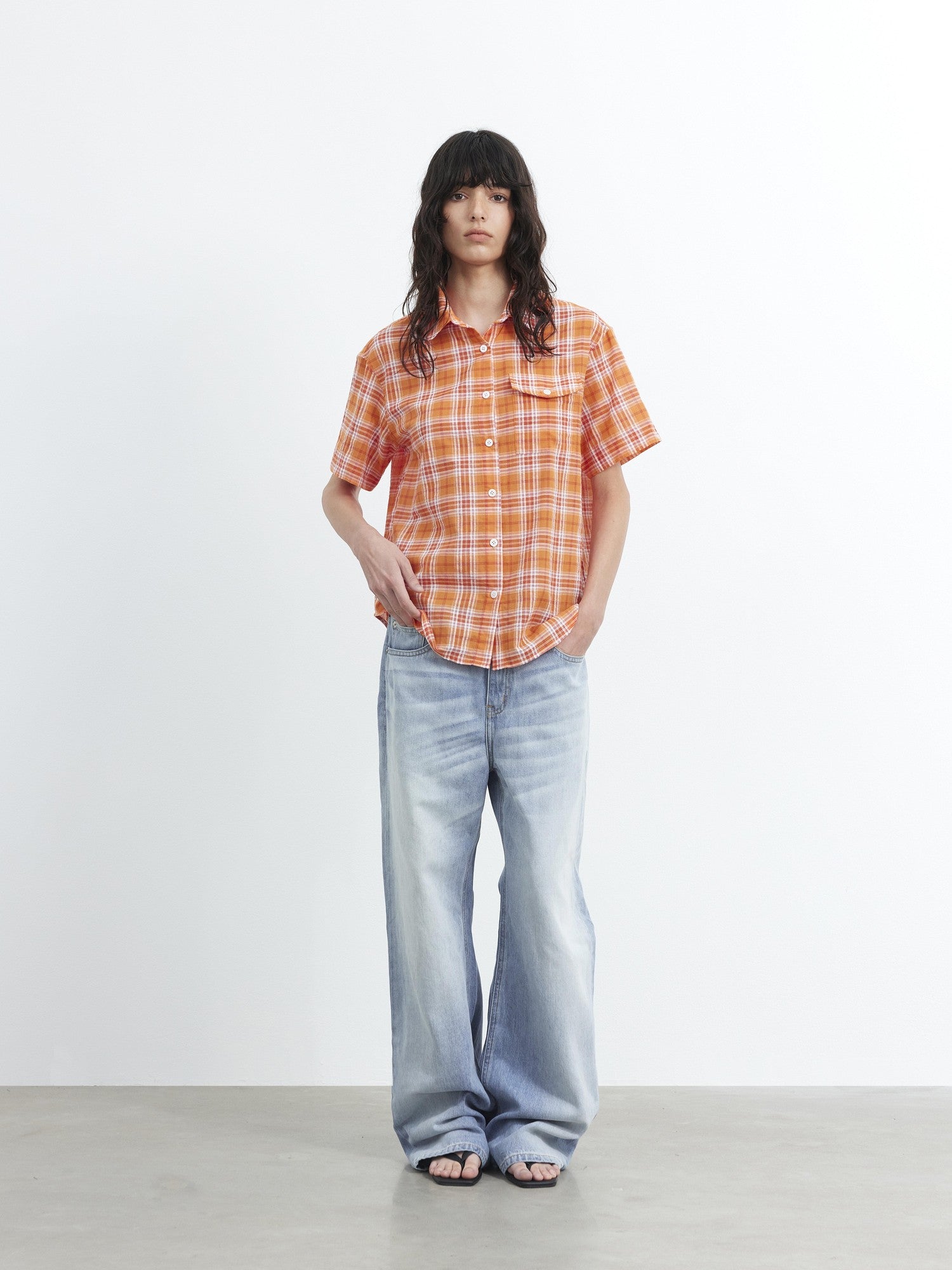 AFTADAWN Colorblock Plaid Textured Polo Button Loose Short Sleeve Women&