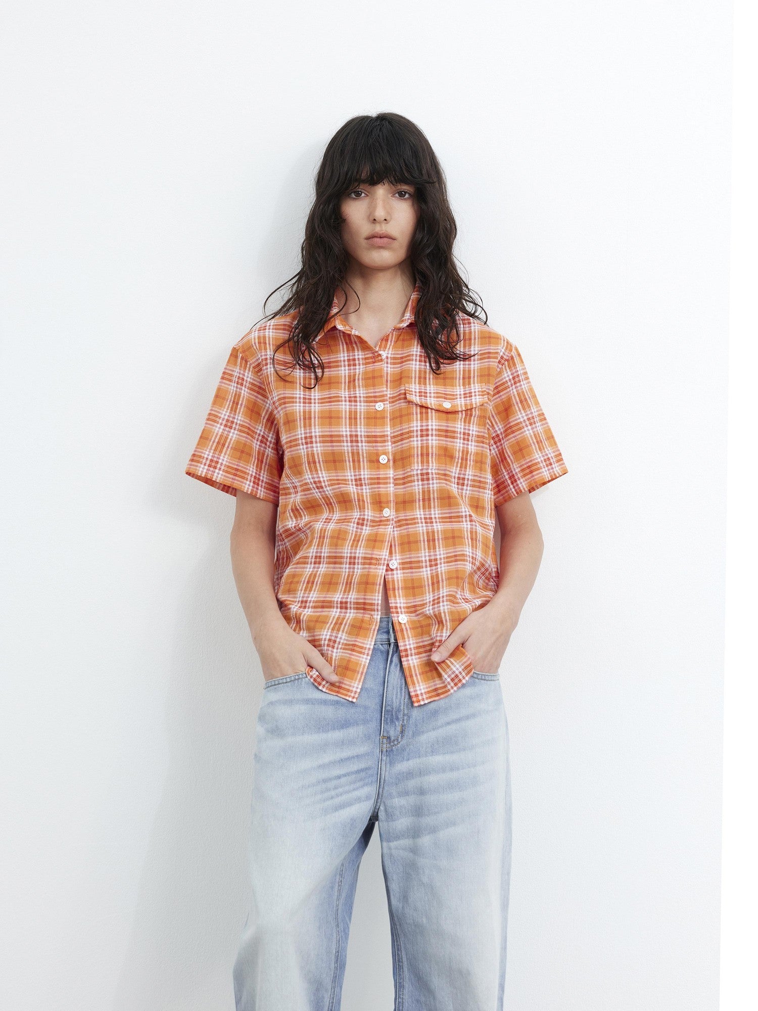 AFTADAWN Colorblock Plaid Textured Polo Button Loose Short Sleeve Women&