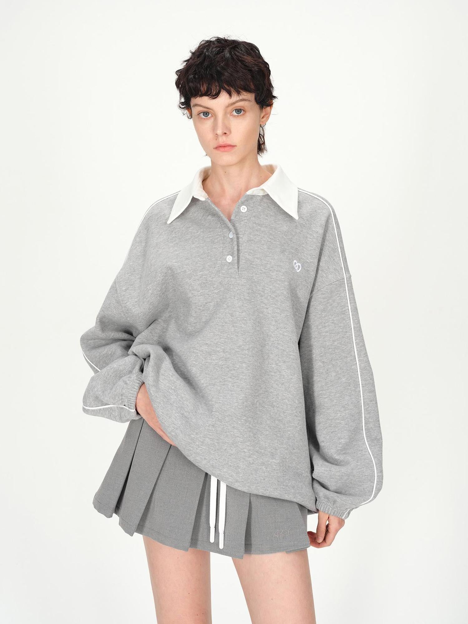 AFTADAWN Colorblock Polo Embroidered Fleece Sweatshirt Pleated Skirt Set