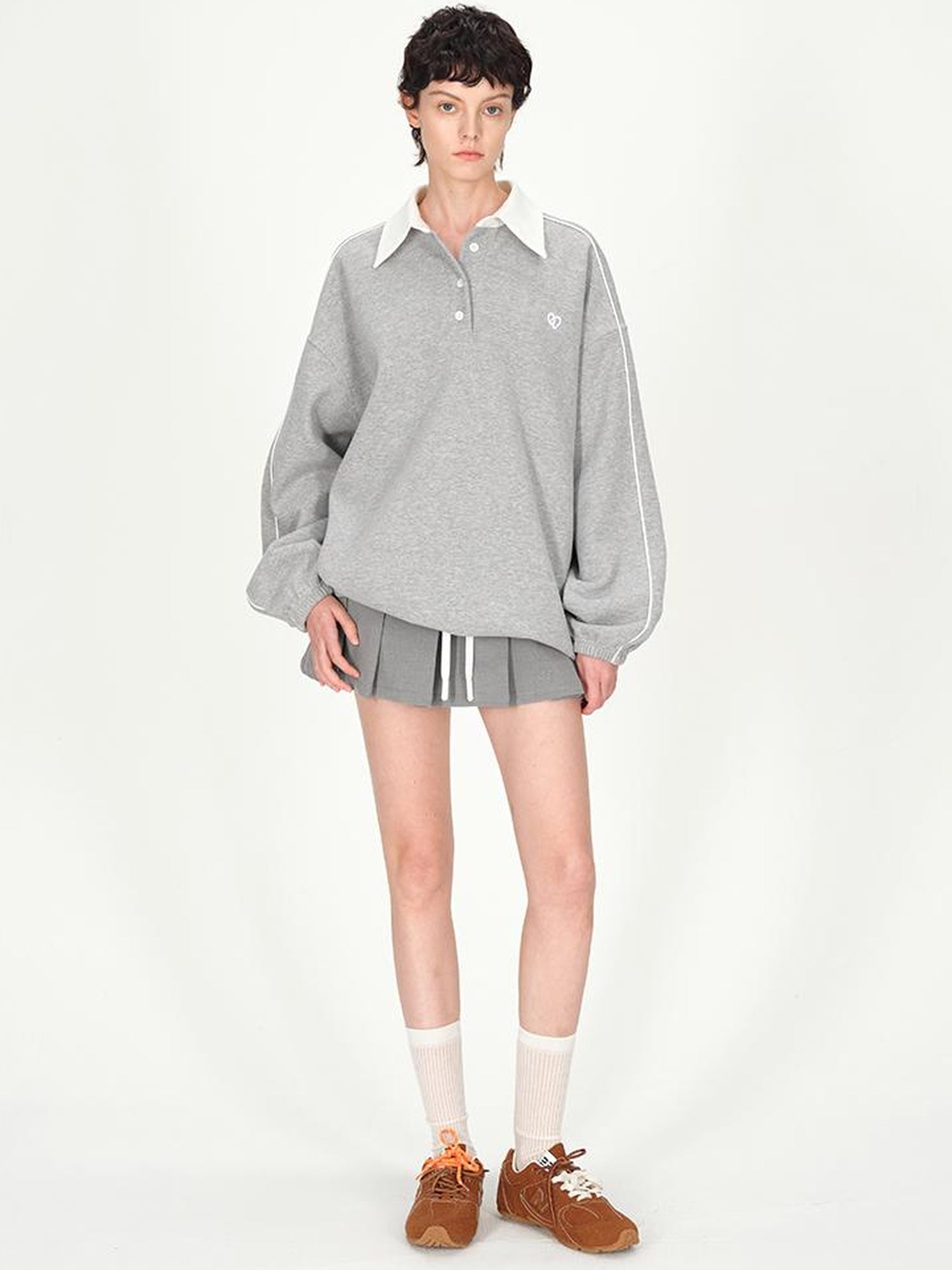 AFTADAWN Colorblock Polo Embroidered Fleece Sweatshirt Pleated Skirt Set