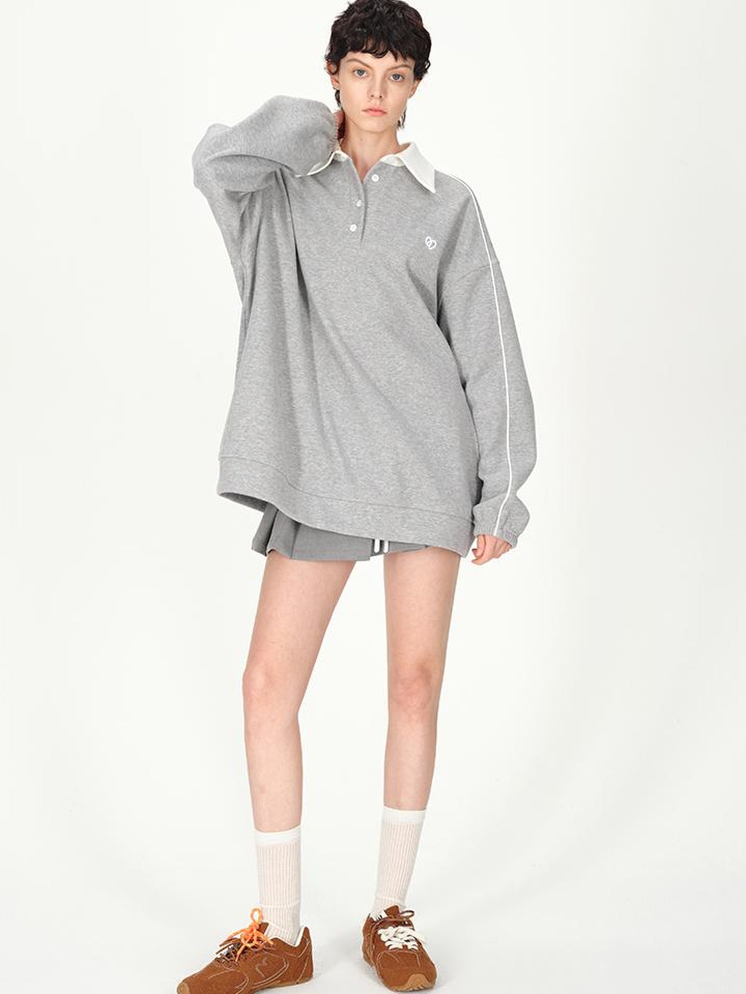 AFTADAWN Colorblock Polo Embroidered Fleece Sweatshirt Pleated Skirt Set