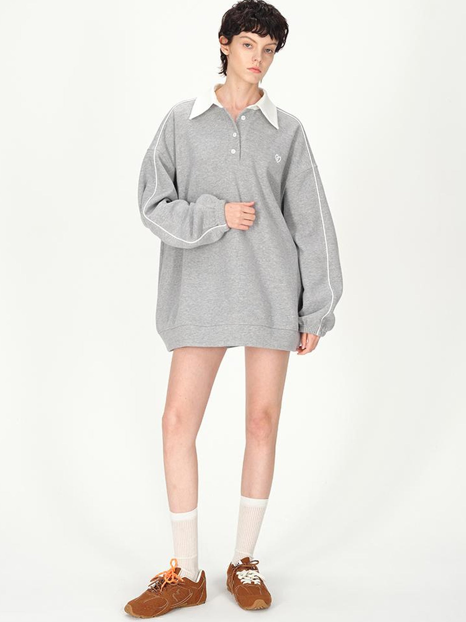 AFTADAWN Colorblock Polo Embroidered Fleece Sweatshirt Pleated Skirt Set