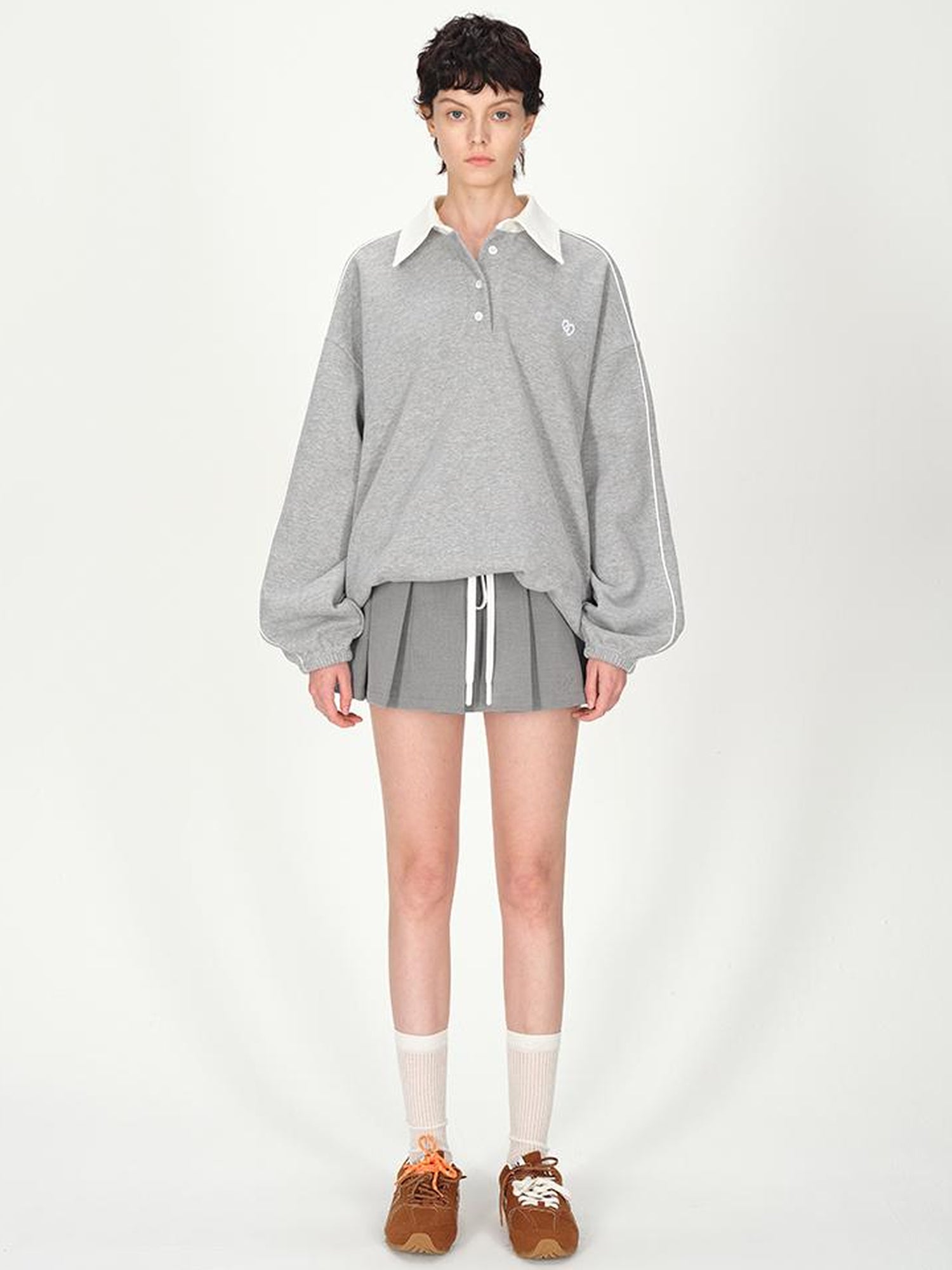 AFTADAWN Colorblock Polo Embroidered Fleece Sweatshirt Pleated Skirt Set