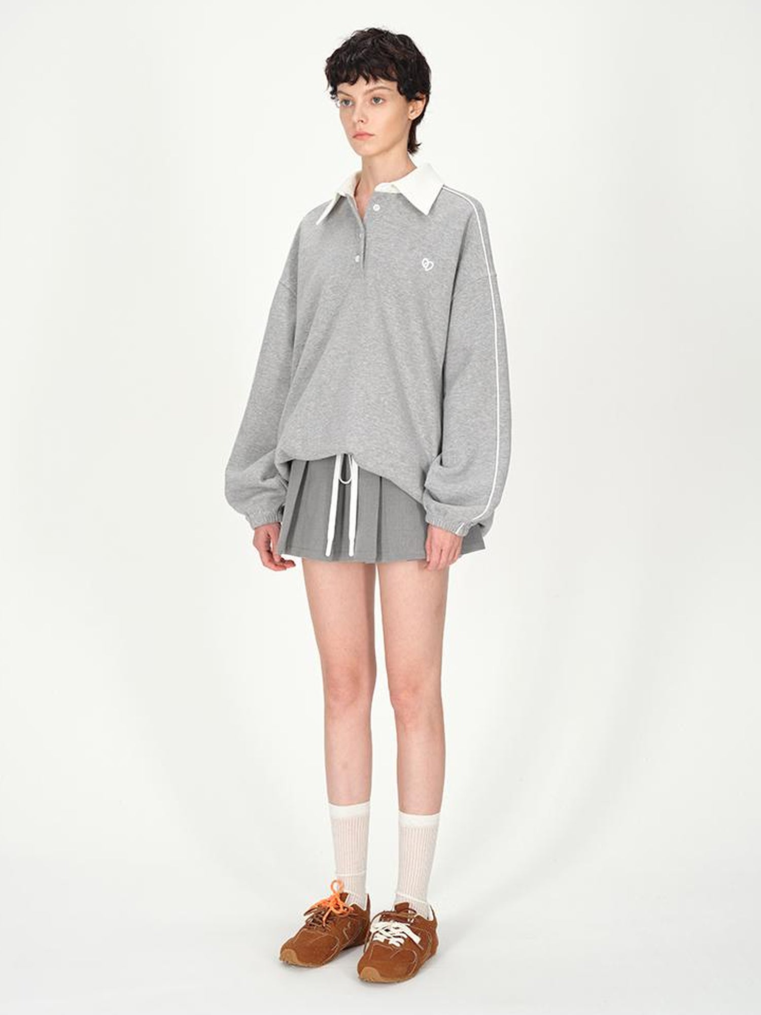 AFTADAWN Colorblock Polo Embroidered Fleece Sweatshirt Pleated Skirt Set