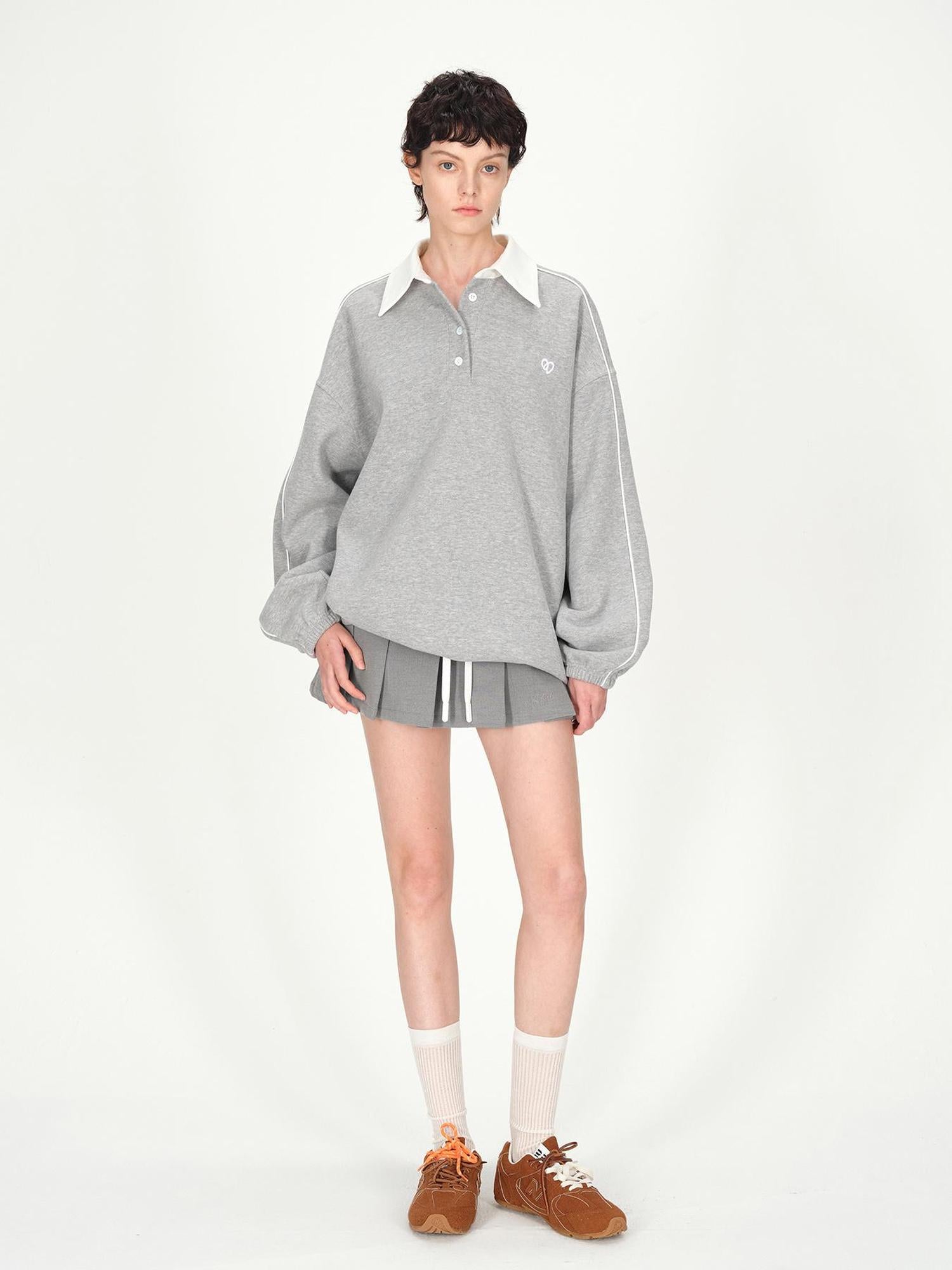 AFTADAWN Colorblock Polo Embroidered Fleece Sweatshirt Pleated Skirt Set