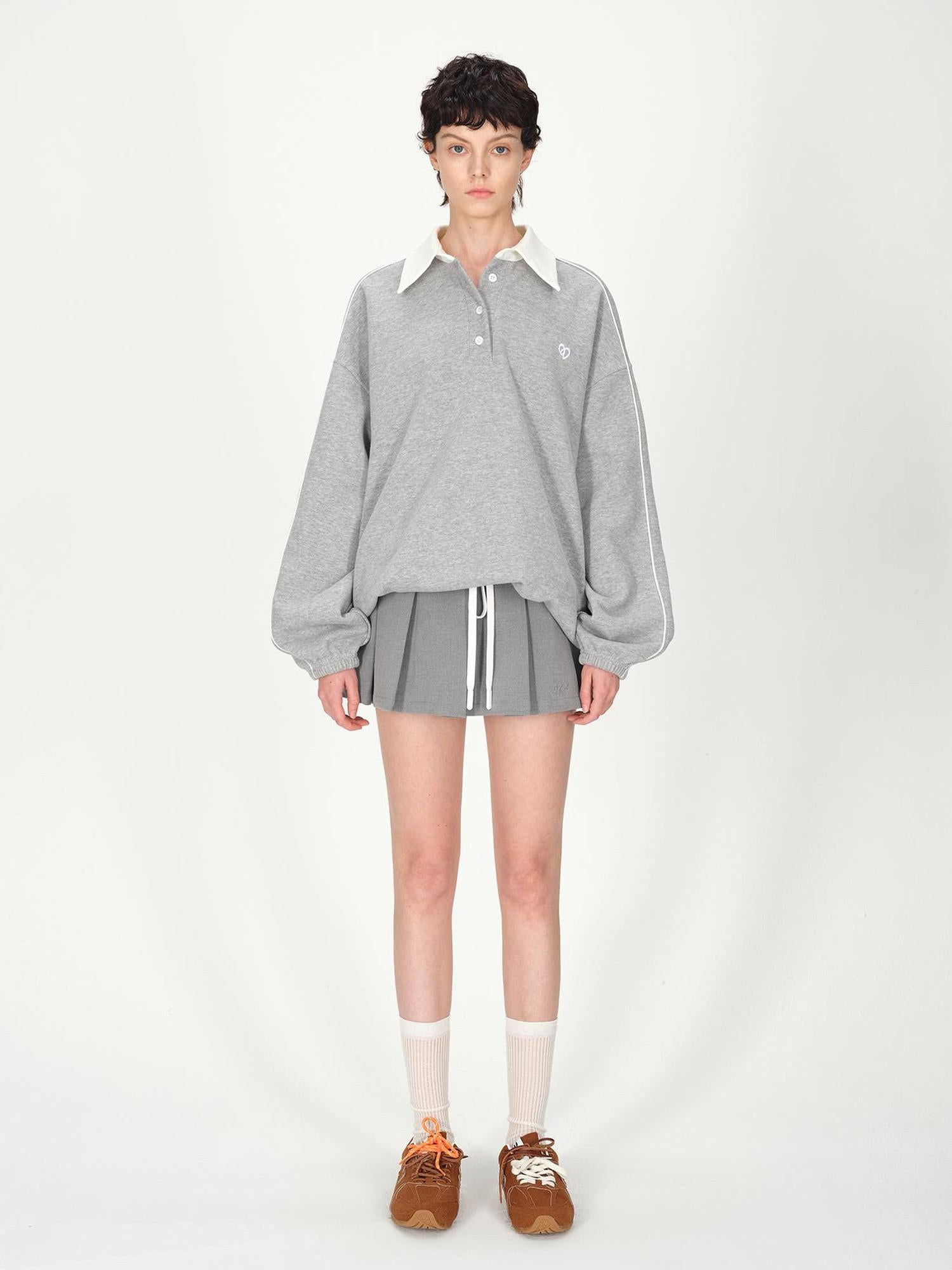 AFTADAWN Colorblock Polo Embroidered Fleece Sweatshirt Pleated Skirt Set