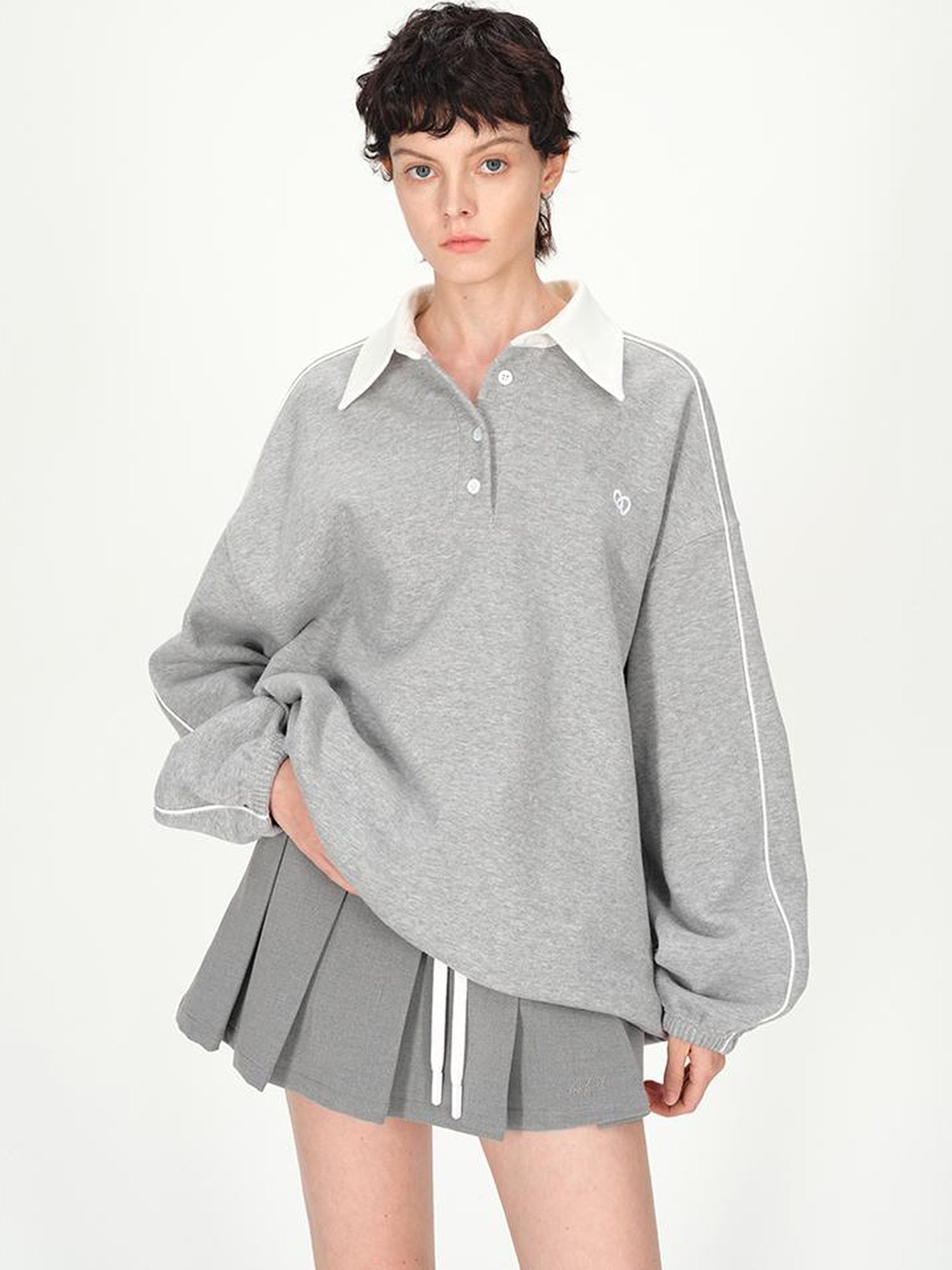 AFTADAWN Colorblock Polo Embroidered Fleece Sweatshirt Pleated Skirt Set