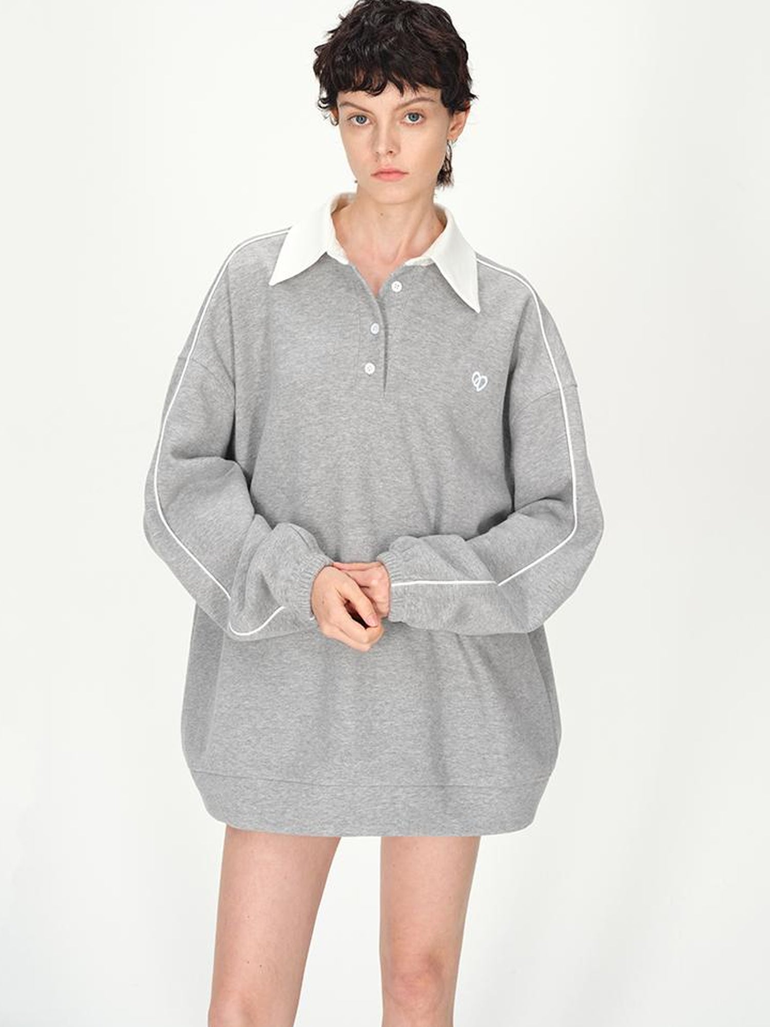 AFTADAWN Colorblock Polo Embroidered Fleece Sweatshirt Pleated Skirt Set