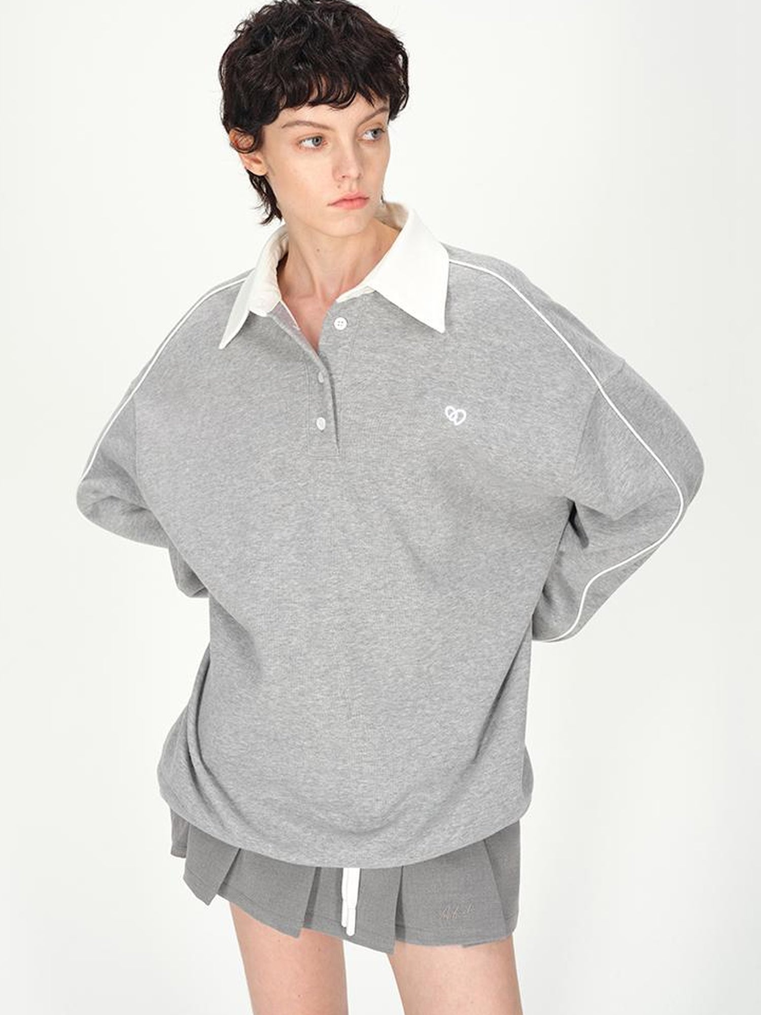 AFTADAWN Colorblock Polo Embroidered Fleece Sweatshirt Pleated Skirt Set