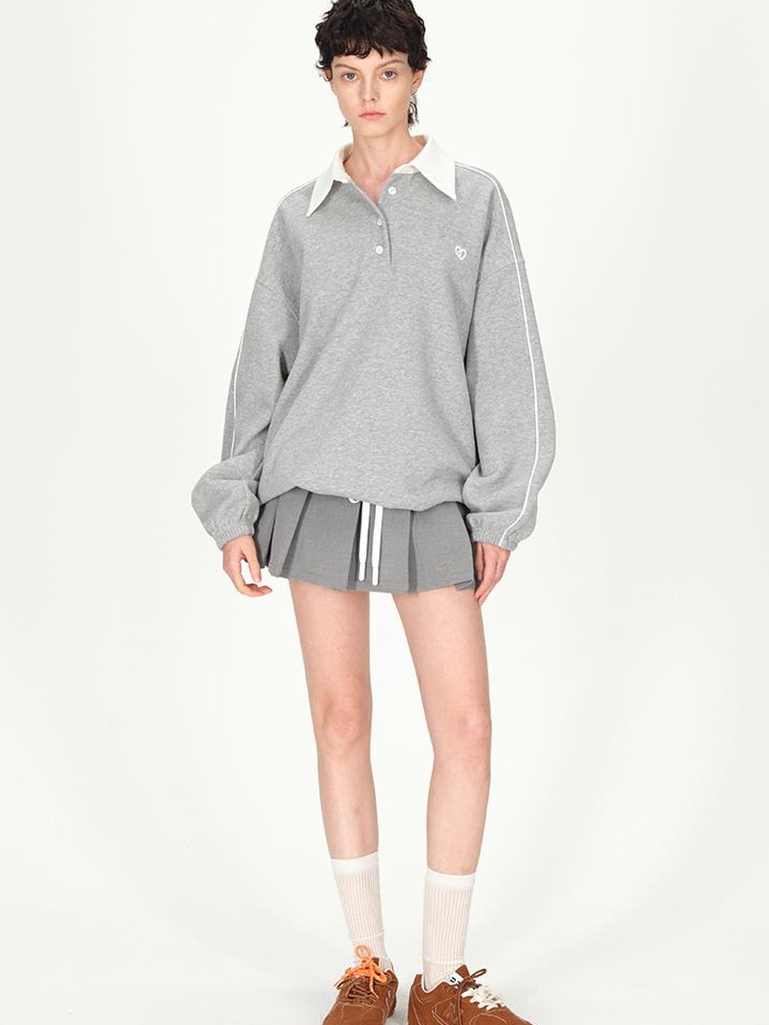 AFTADAWN Colorblock Polo Embroidered Fleece Sweatshirt Pleated Skirt Set