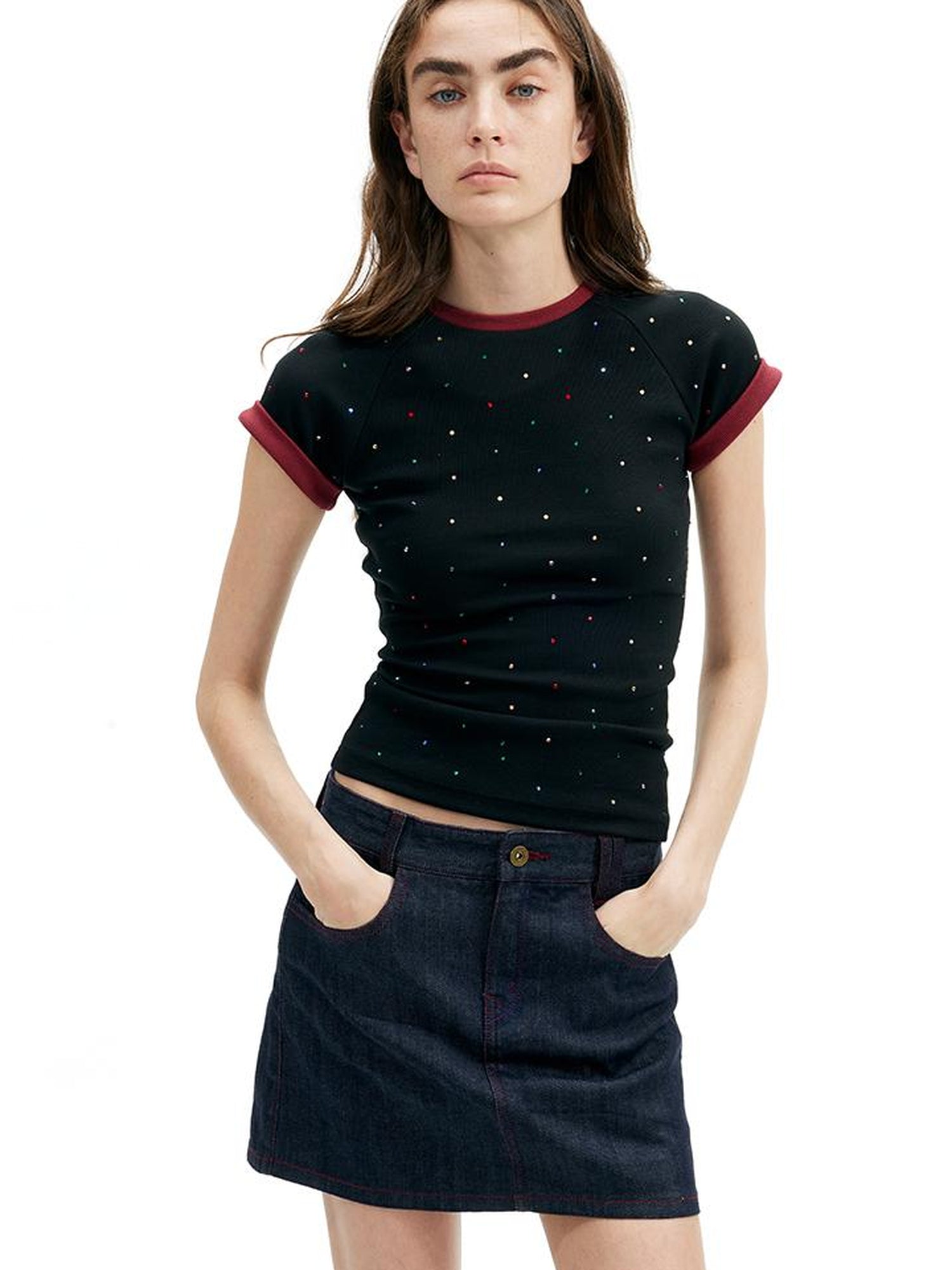 AFTADAWN Colorblock Ribbed Cotton Stretch Glitter Short Sleeve Top