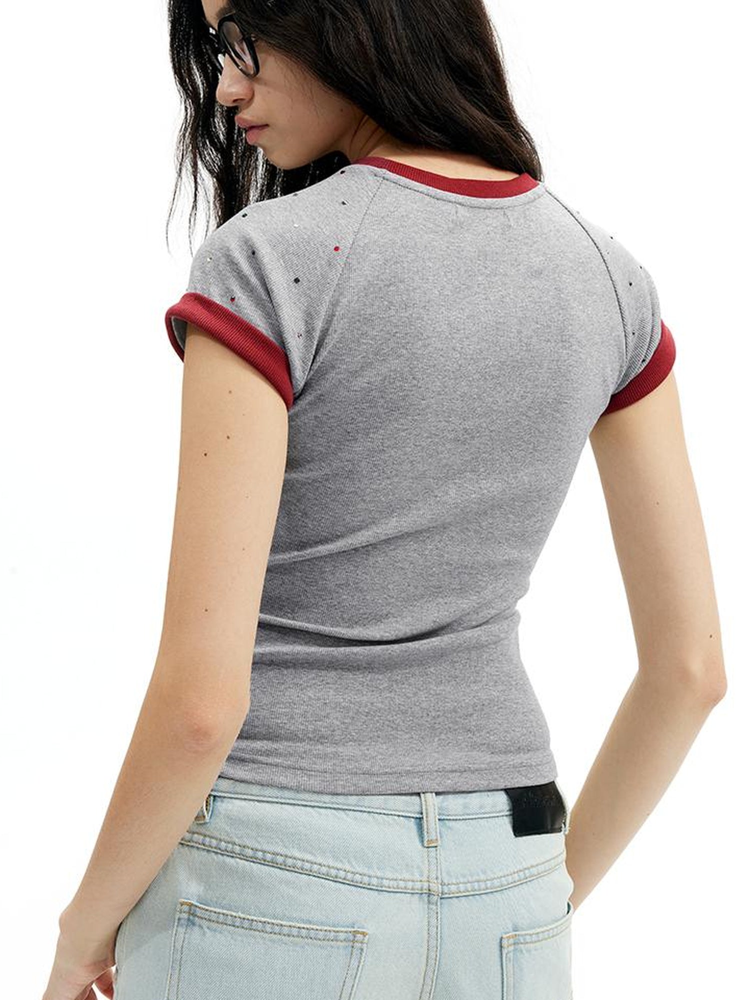 AFTADAWN Colorblock Ribbed Cotton Stretch Glitter Short Sleeve Top