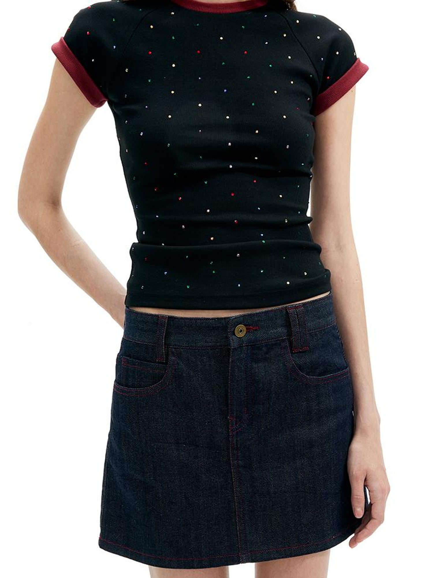 AFTADAWN Colorblock Ribbed Cotton Stretch Glitter Short Sleeve Top