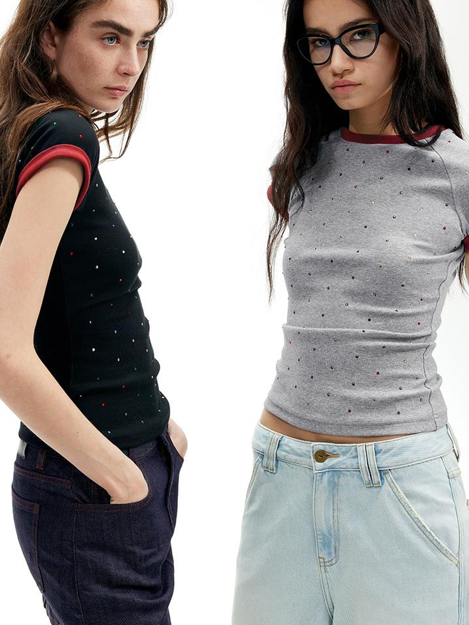 AFTADAWN Colorblock Ribbed Cotton Stretch Glitter Short Sleeve Top