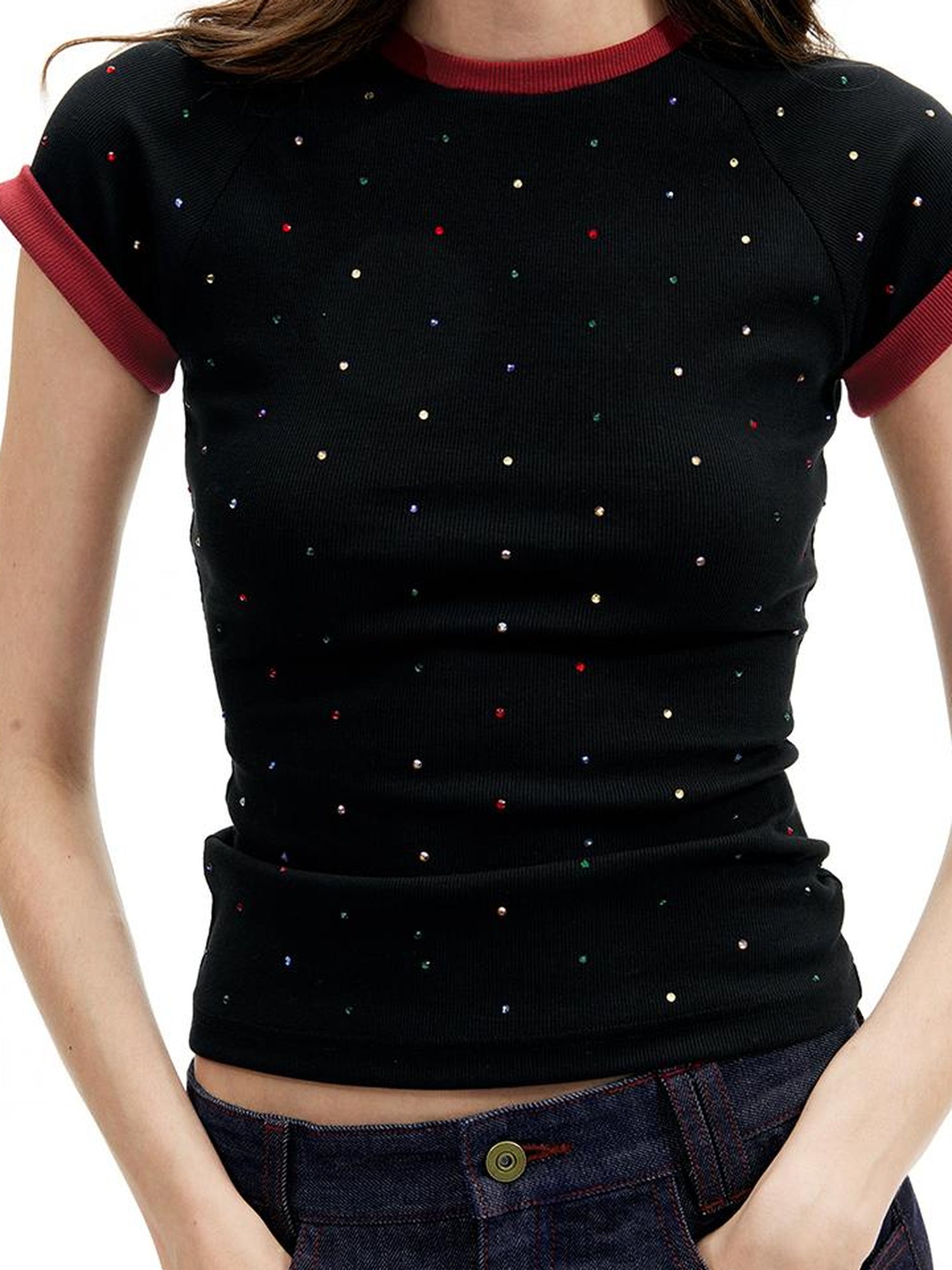 AFTADAWN Colorblock Ribbed Cotton Stretch Glitter Short Sleeve Top