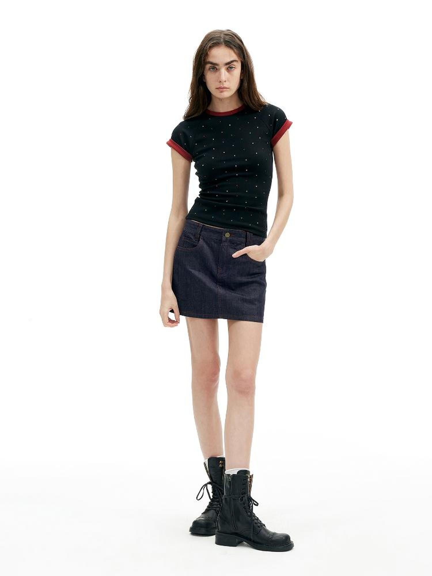 AFTADAWN Colorblock Ribbed Cotton Stretch Glitter Short Sleeve Top