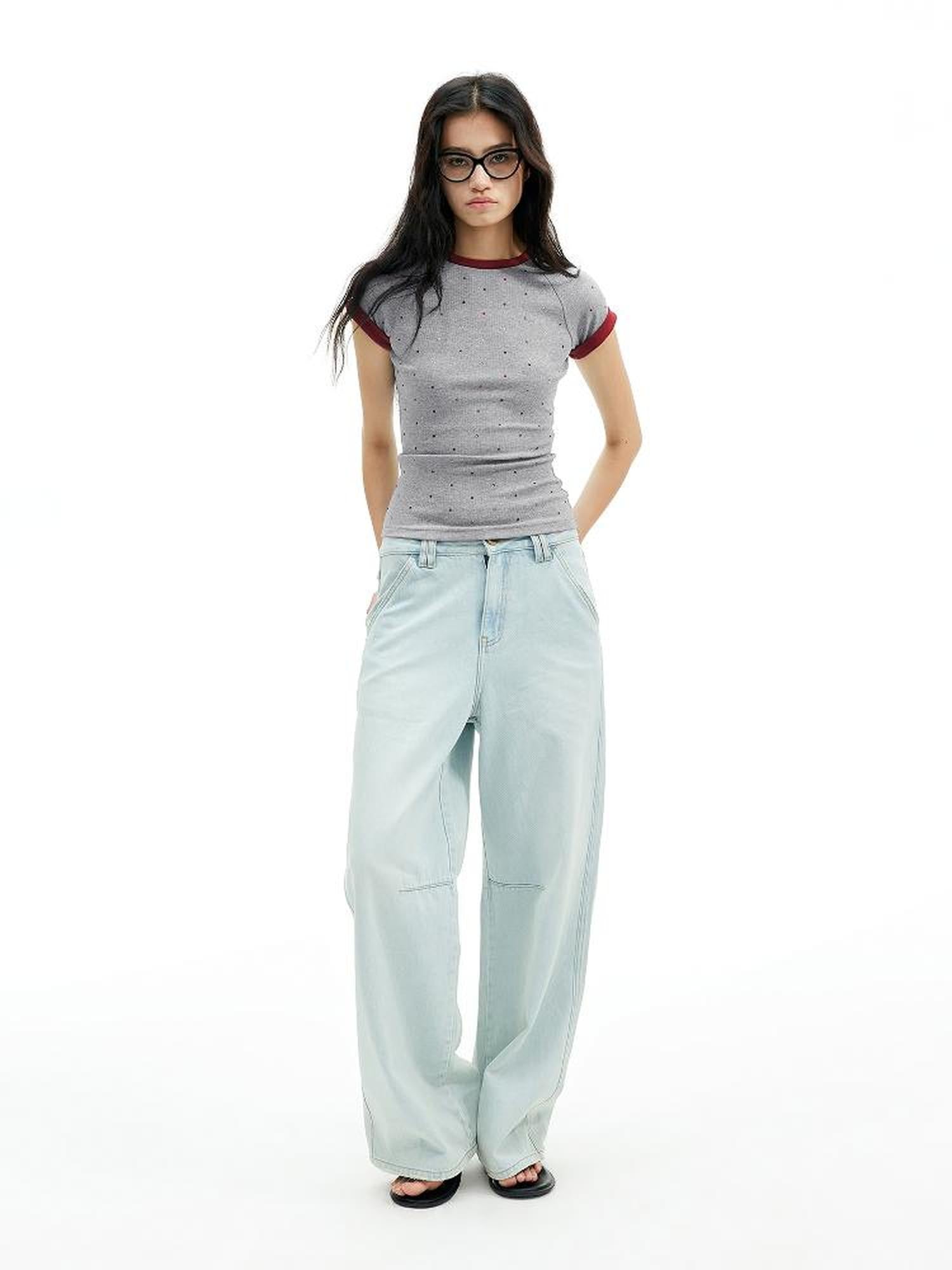 AFTADAWN Colorblock Ribbed Cotton Stretch Glitter Short Sleeve Top