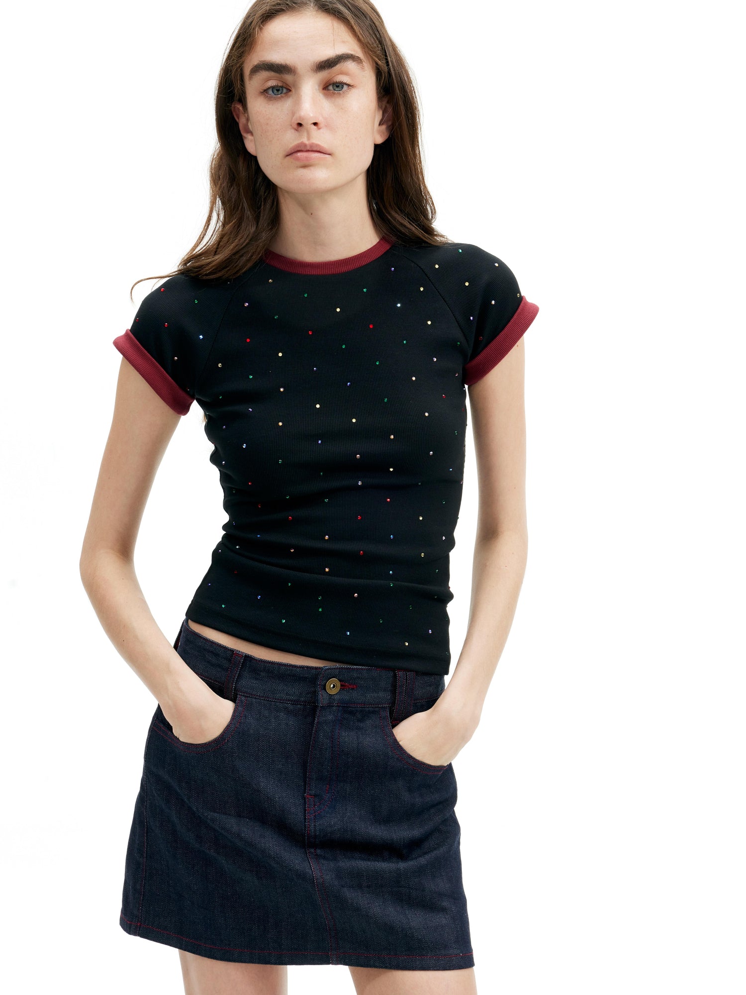 AFTADAWN Colorblock Ribbed Cotton Stretch Glitter Short Sleeve Top
