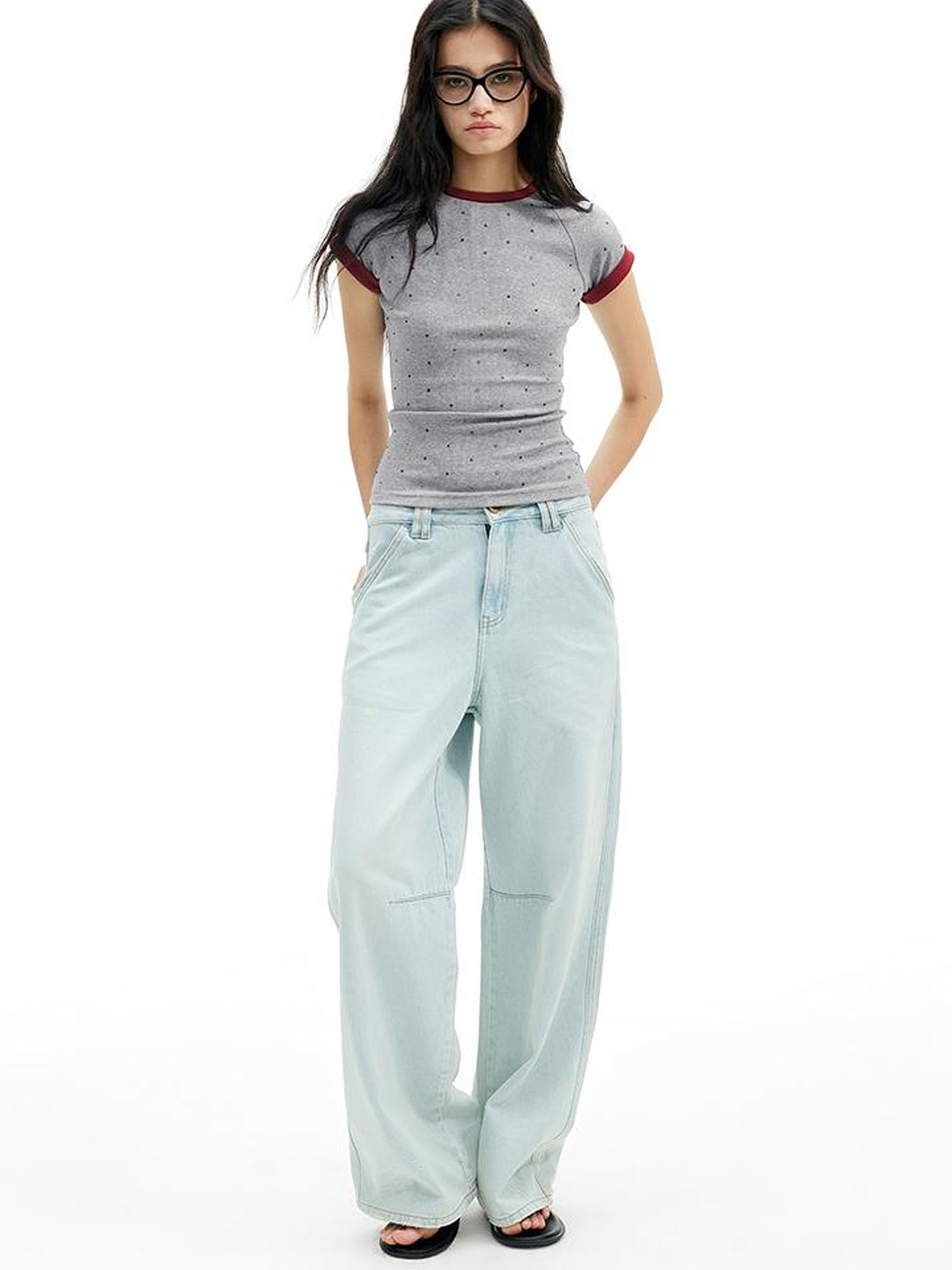 AFTADAWN Colorblock Ribbed Cotton Stretch Glitter Short Sleeve Top