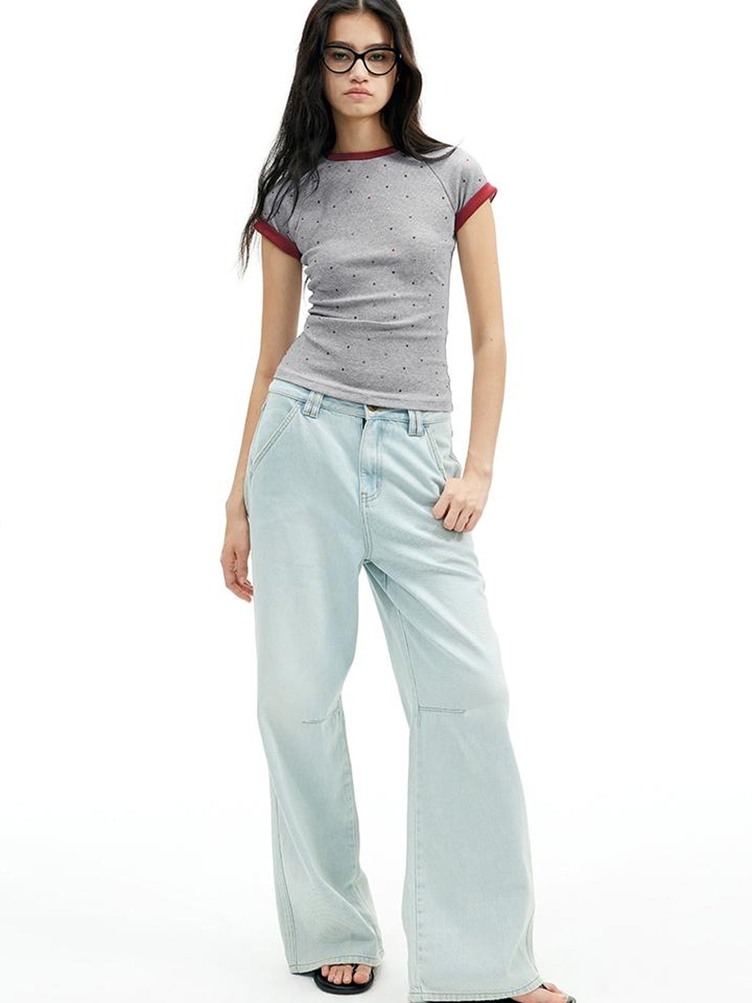 AFTADAWN Colorblock Ribbed Cotton Stretch Glitter Short Sleeve Top