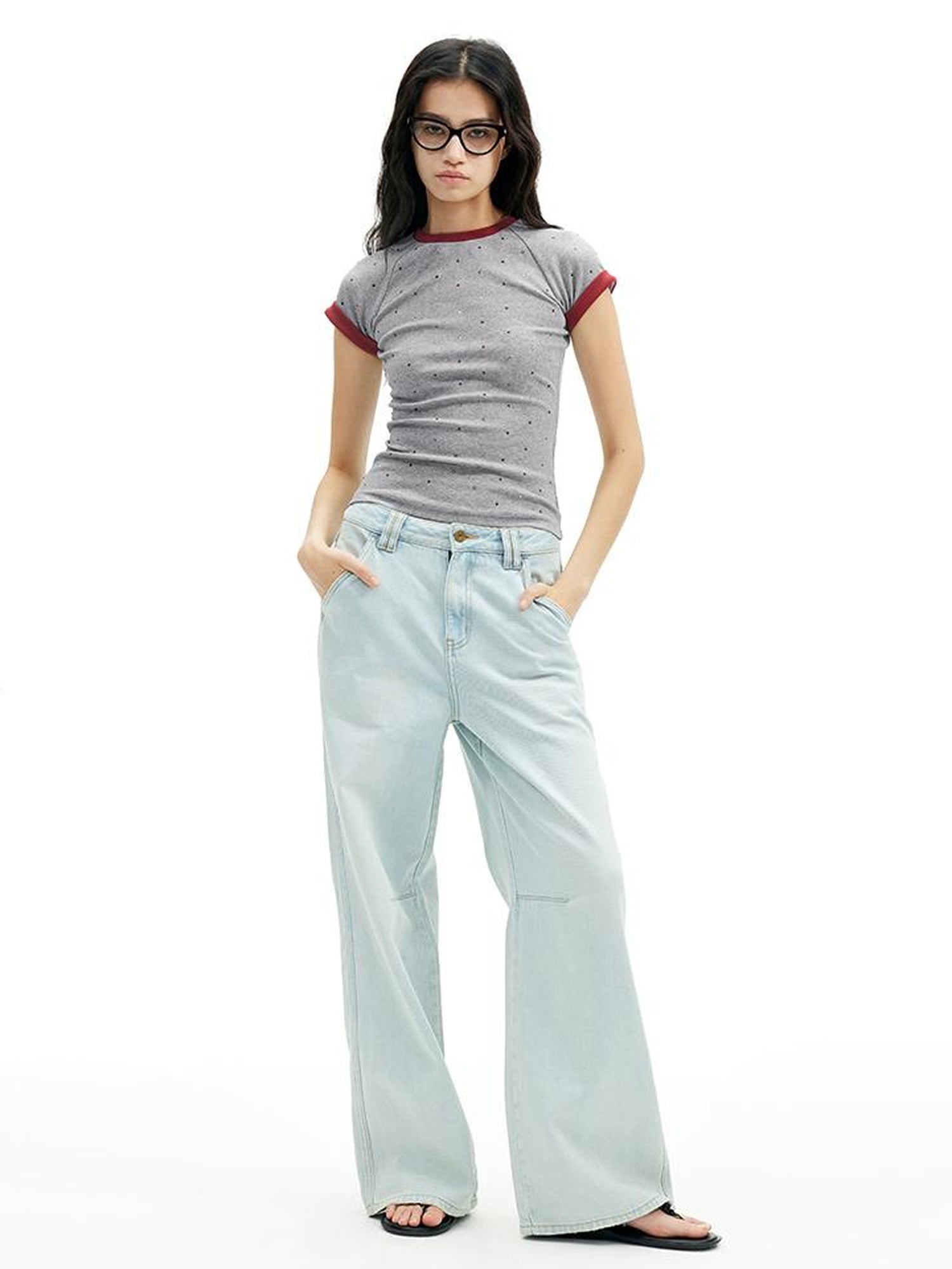 AFTADAWN Colorblock Ribbed Cotton Stretch Glitter Short Sleeve Top